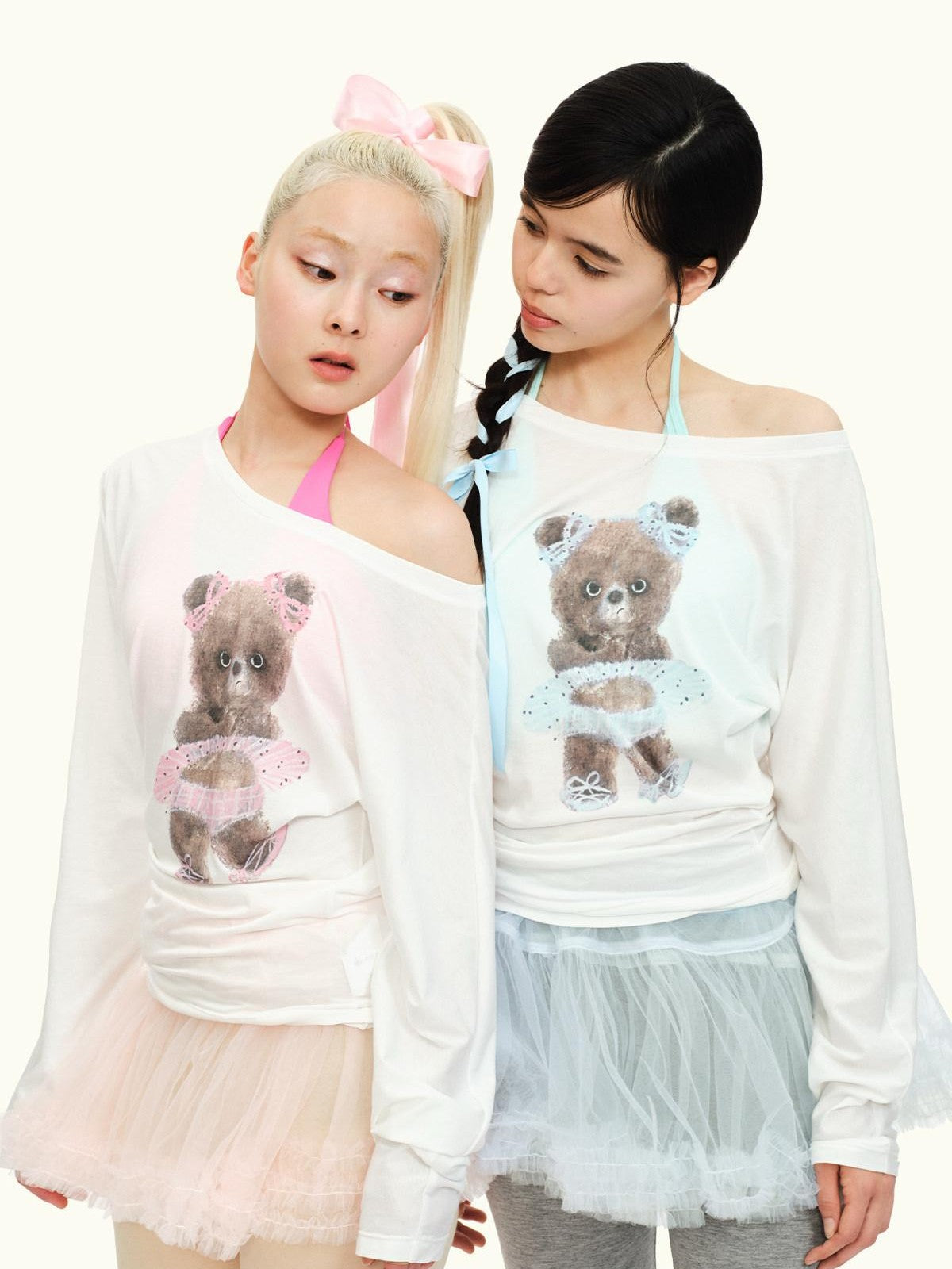 MOF Angry Bear Print One Shoulder Sheer Cropped Women's Modal Long Sleeve T-shirts