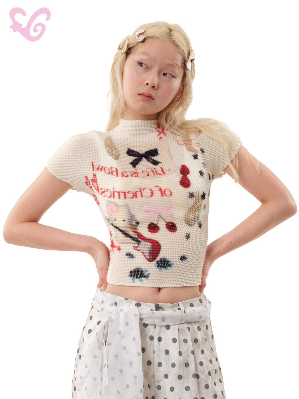 MOF Band Cat Pleated Print Mock Neck Women's Polyester Short Sleeve T-shirts