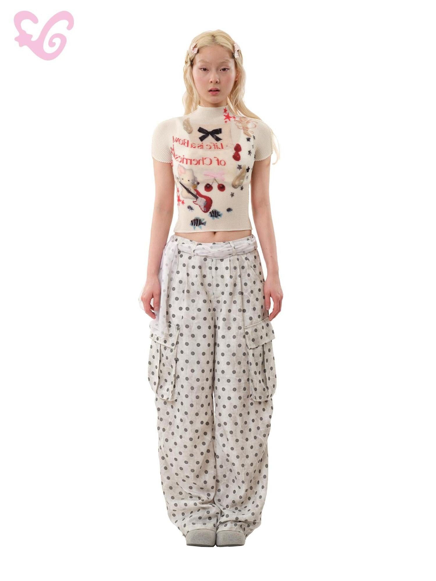 MOF Band Cat Pleated Print Mock Neck Women's Polyester Short Sleeve T-shirts