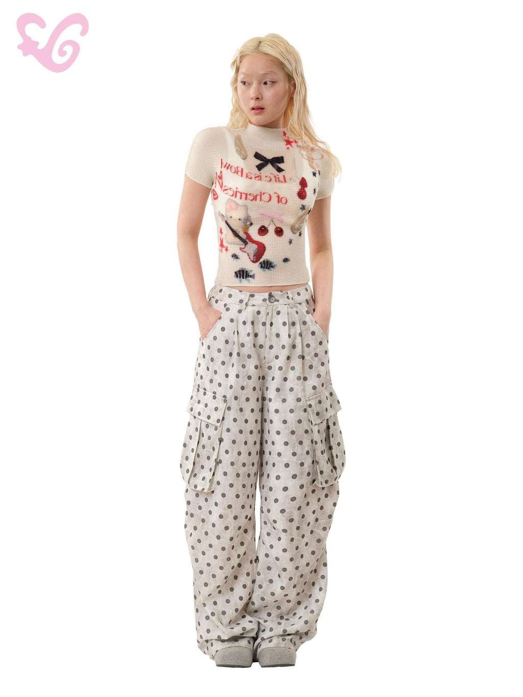 MOF Band Cat Pleated Print Mock Neck Women's Polyester Short Sleeve T-shirts