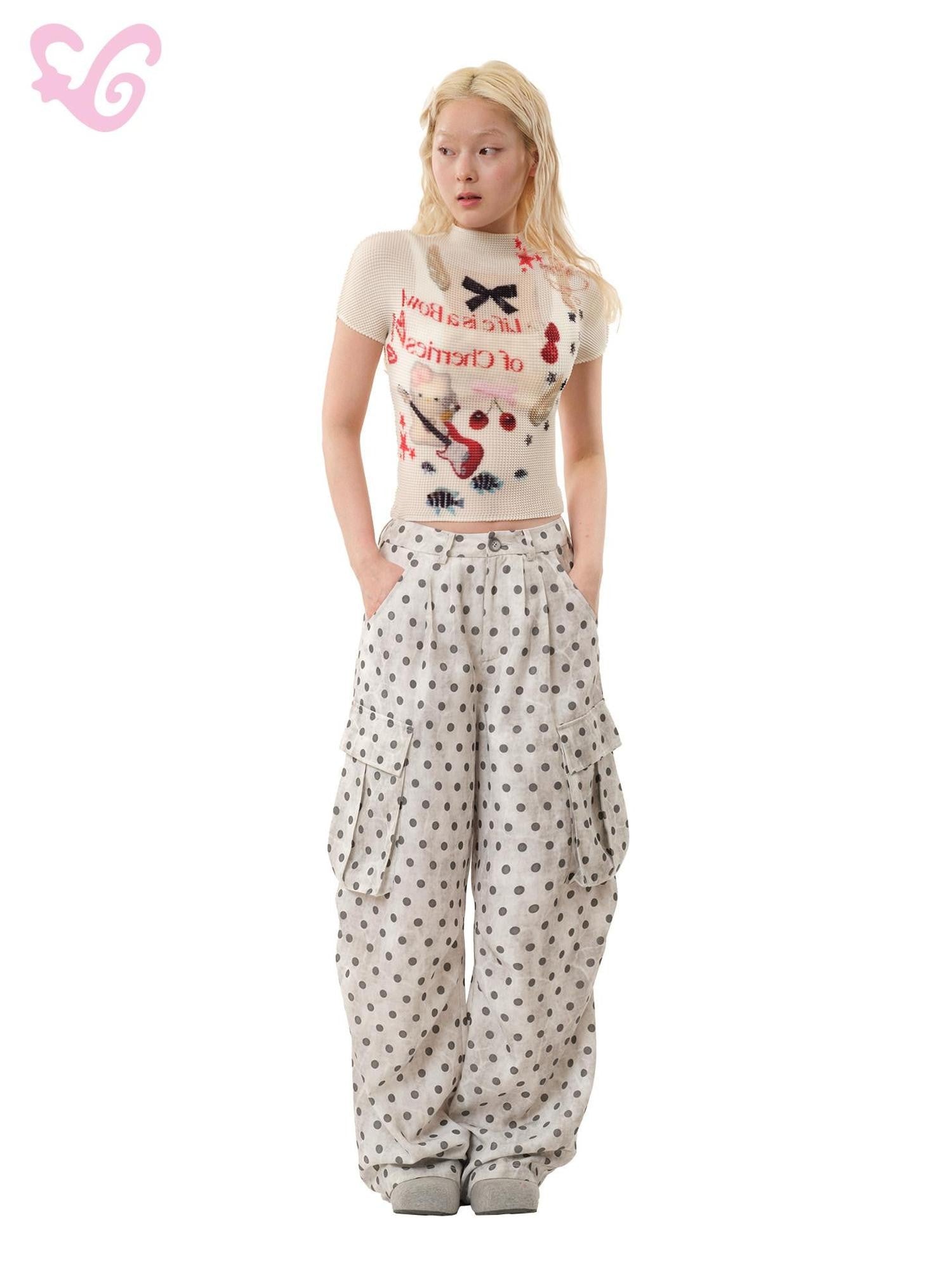 MOF Band Cat Pleated Print Mock Neck Women's Polyester Short Sleeve T-shirts