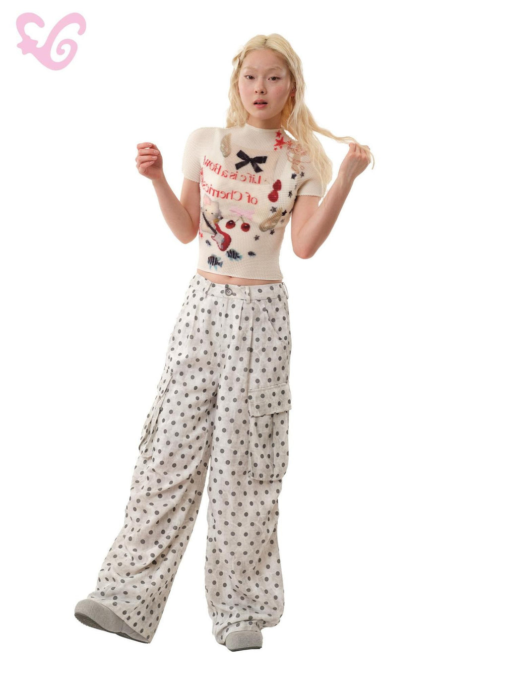 MOF Band Cat Pleated Print Mock Neck Women's Polyester Short Sleeve T-shirts