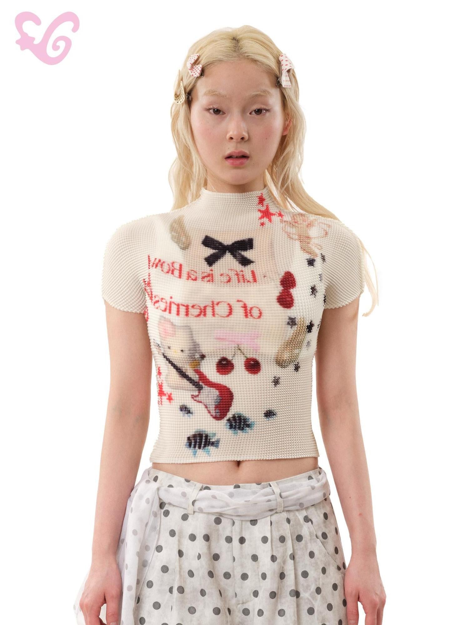 MOF Band Cat Pleated Printed Letter Bow Women's Polyester Baby Tees
