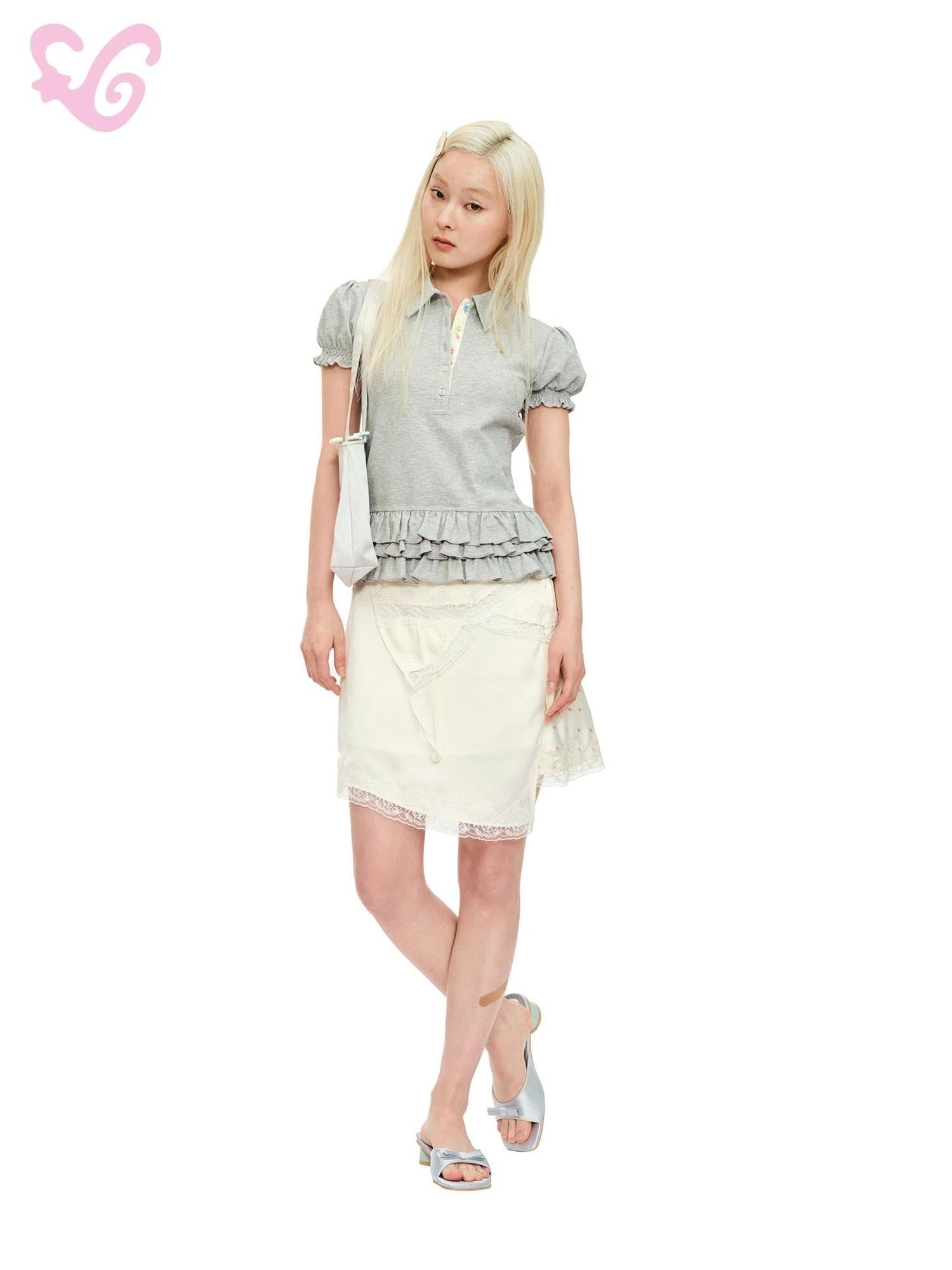 MOF Beaded Floral Lace Hem Puff Sleeve Women's Cotton Polo Short Sleeve T-shirts