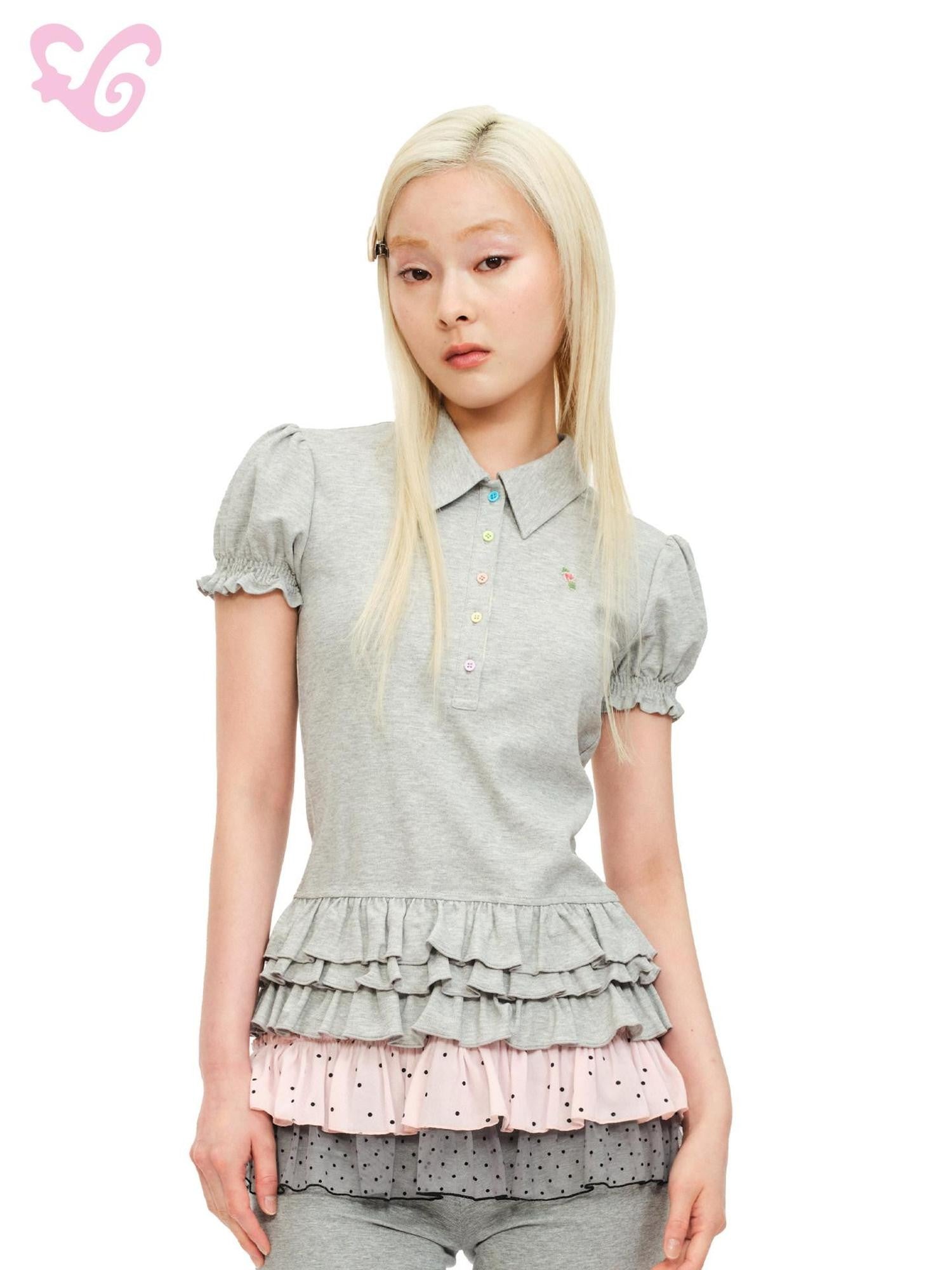 MOF Beaded Floral Lace Hem Puff Sleeve Women's Cotton Polo Short Sleeve T-shirts