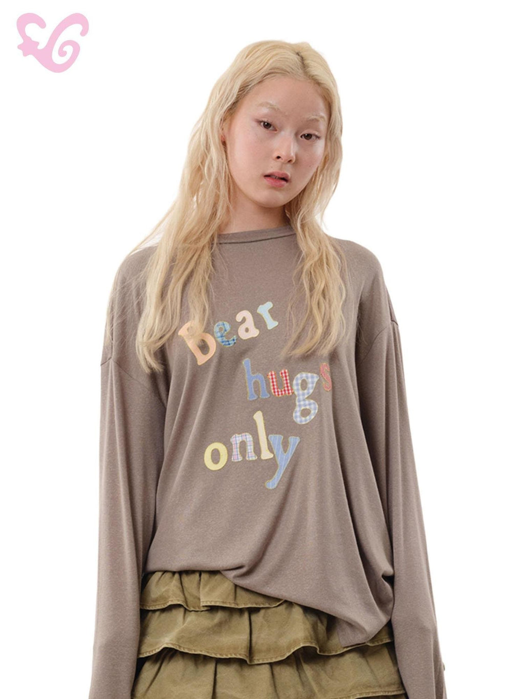 MOF Bear Applique Printed Round Neck Women's Lyocell Blend Long Sleeve T-shirts