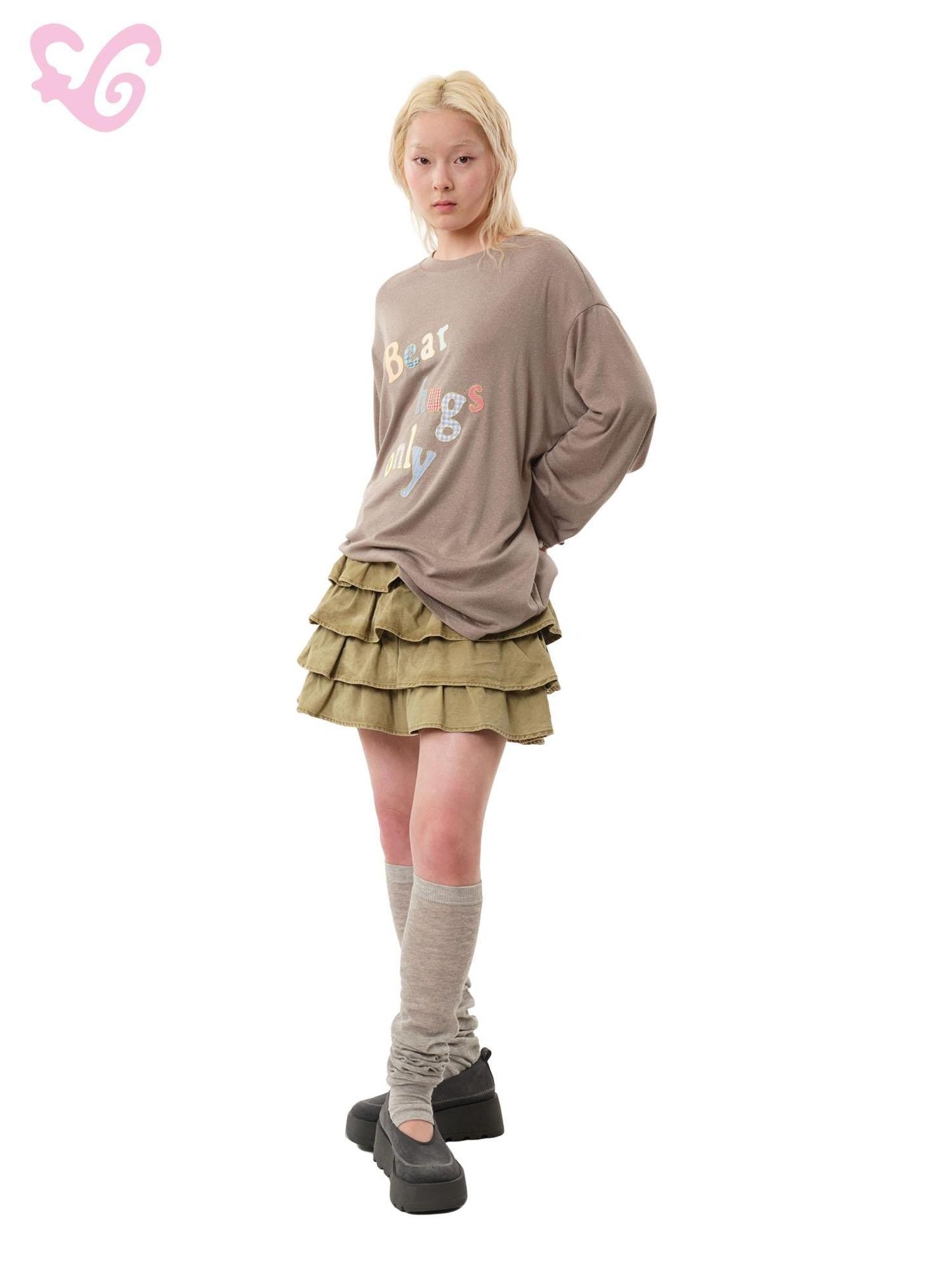 MOF Bear Applique Printed Round Neck Women's Lyocell Blend Long Sleeve T-shirts