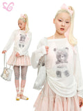 MOF Bear Print Beach Cover Up Loose Pullover Women's Breathable Long Sleeve T-shirts