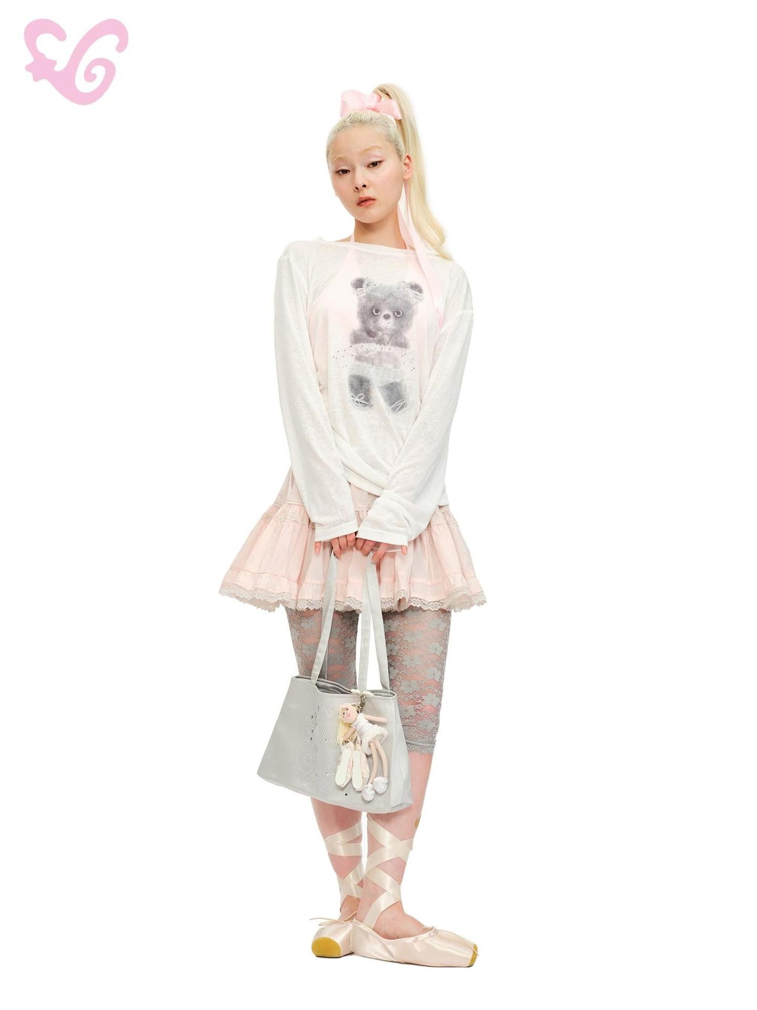 MOF Bear Print Beach Cover Up Loose Pullover Women's Breathable Long Sleeve T-shirts