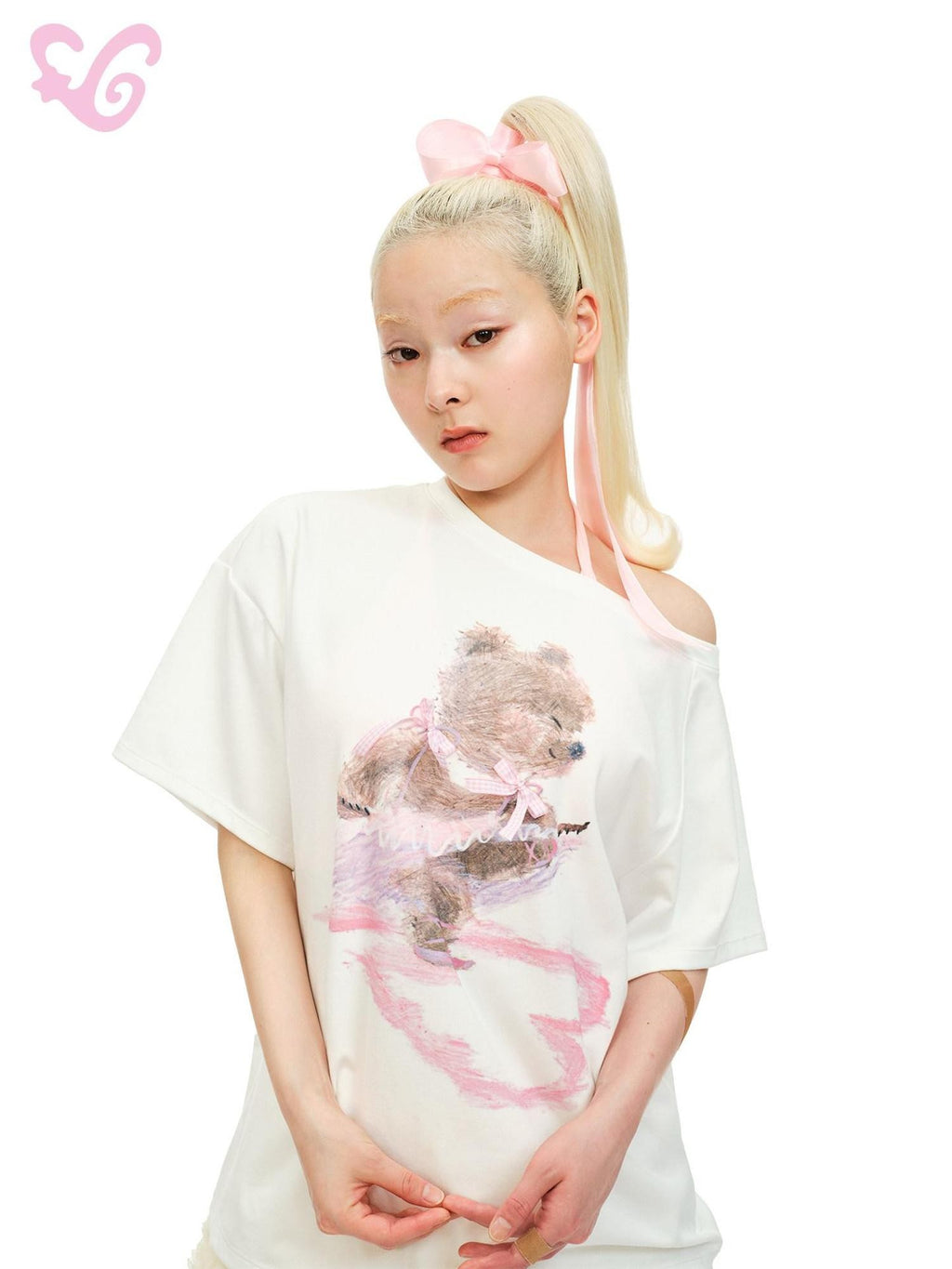 MOF Bear Print Ruched Slanted Drop Shoulder Short Sleeve Women's Oversized T-shirts