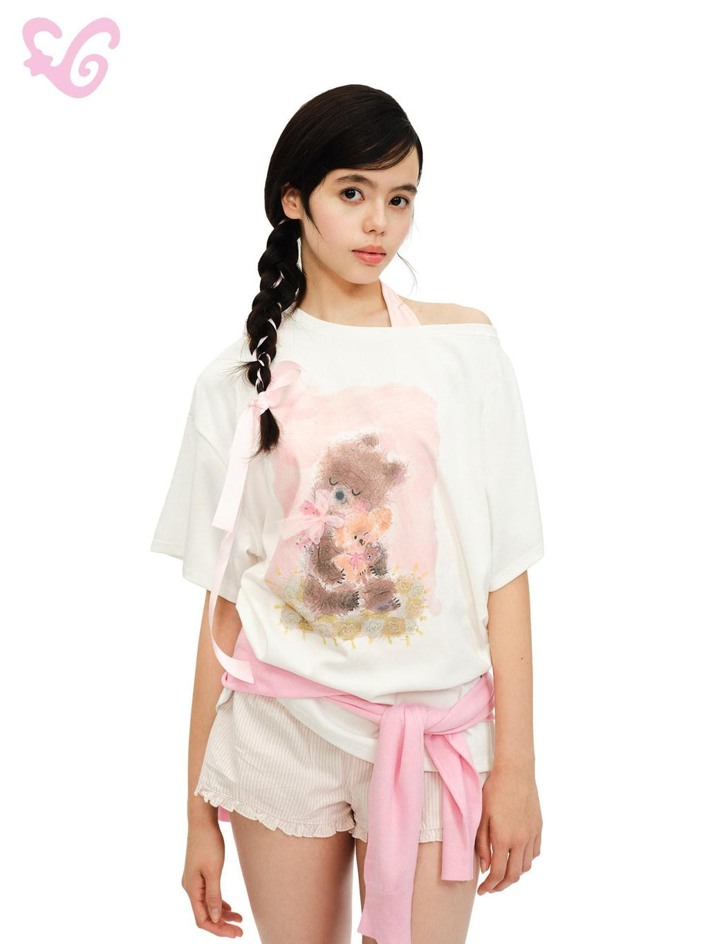 MOF Bear Print Ruched Slanted Drop Shoulder Short Sleeve Women's Oversized T-shirts