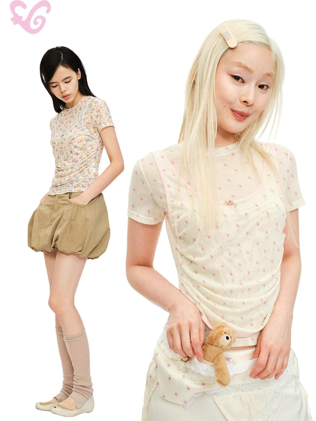 MOF Beige Mesh Rose Animal Print Faux Two Piece Women's Short Sleeve T-shirts