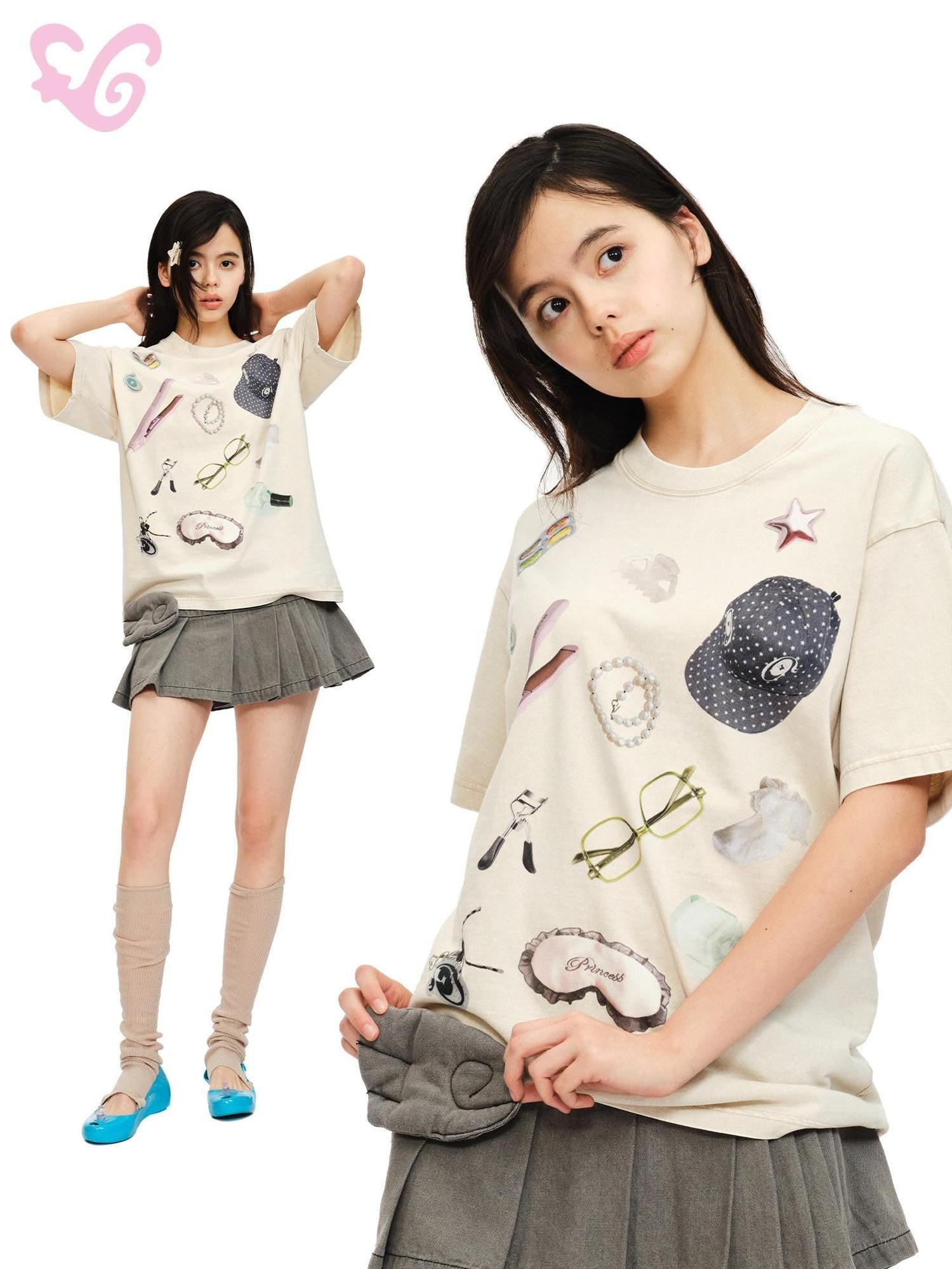 MOF Beige Pleated Print Crewneck Short Sleeve Women's Cotton Oversized T-shirts