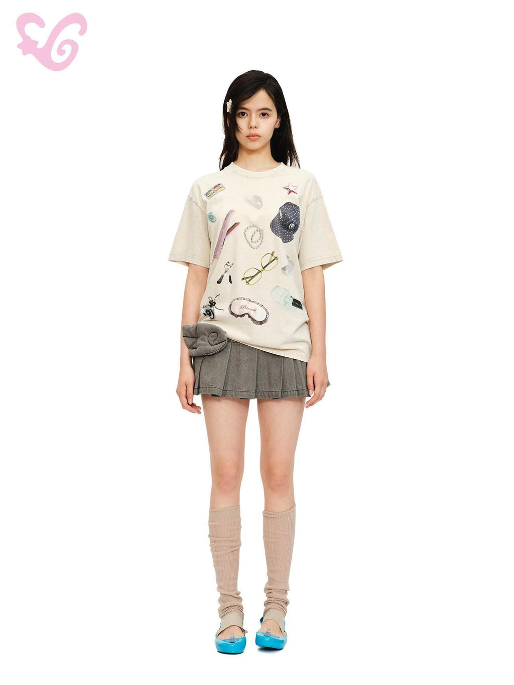 MOF Beige Pleated Print Crewneck Short Sleeve Women's Cotton Oversized T-shirts