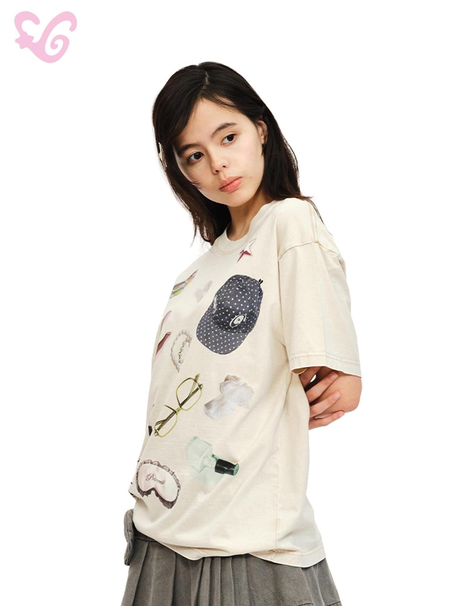 MOF Beige Pleated Print Crewneck Short Sleeve Women's Cotton Oversized T-shirts