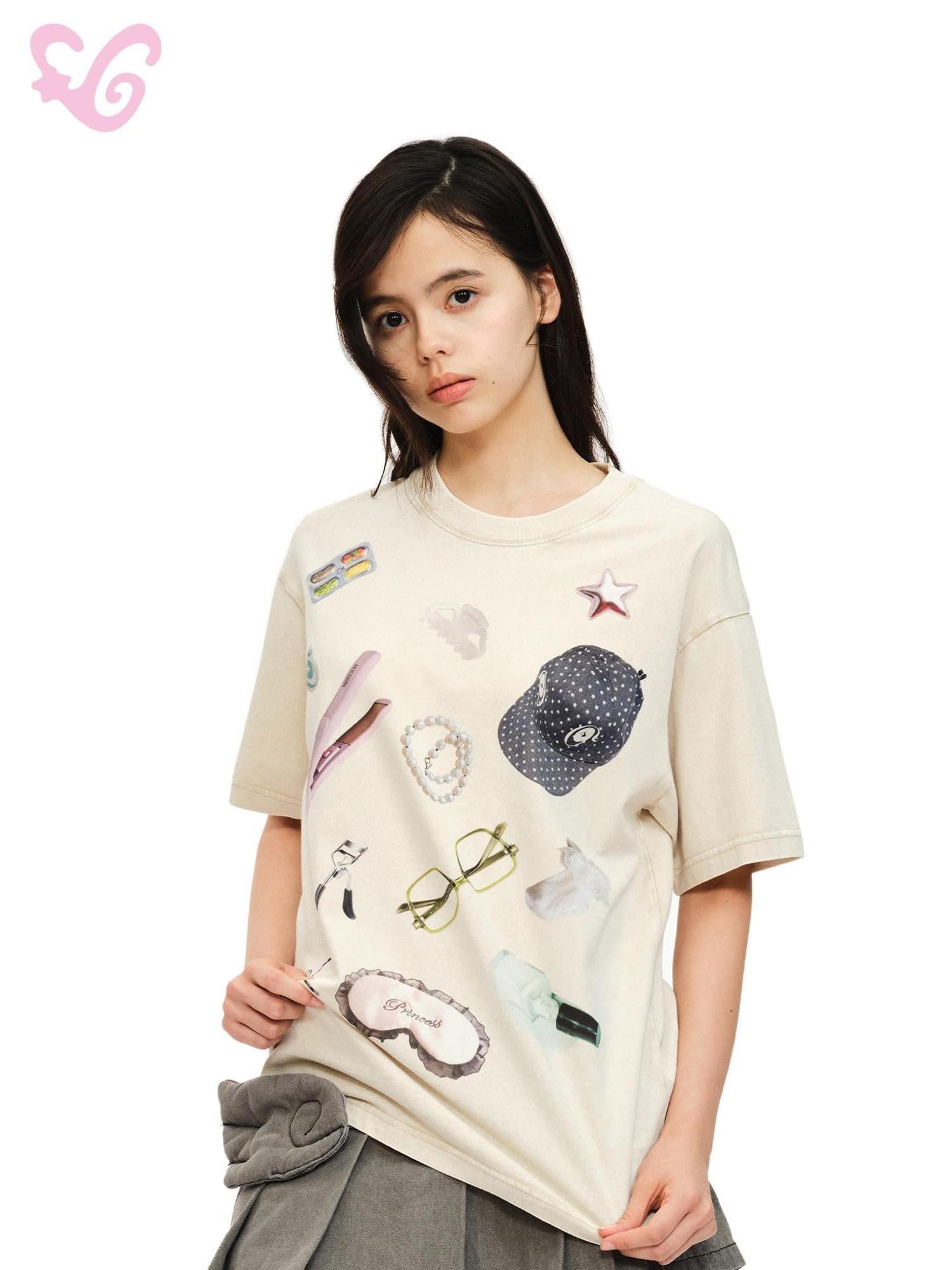 MOF Beige Pleated Print Crewneck Short Sleeve Women's Cotton Oversized T-shirts