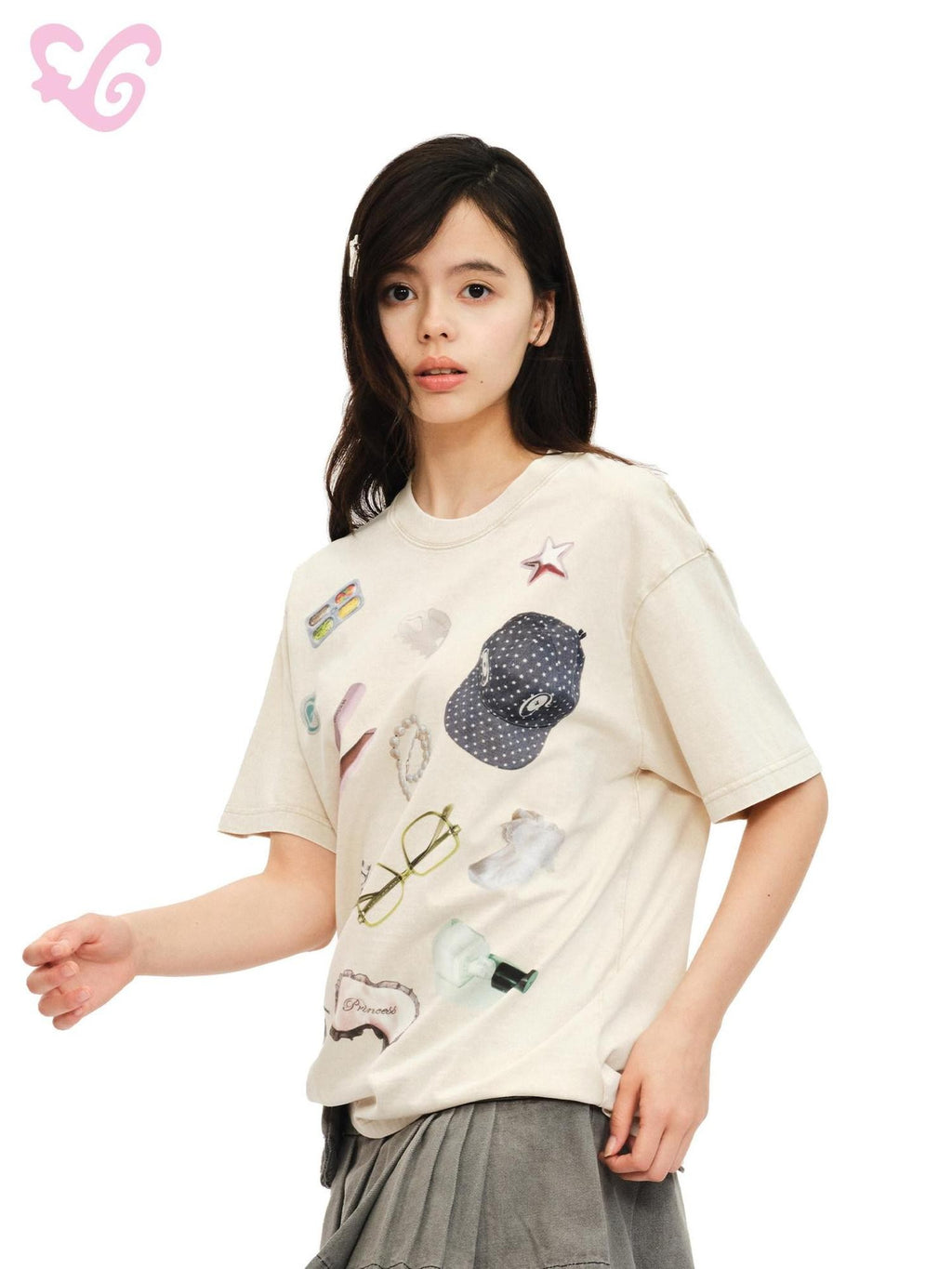 MOF Beige Pleated Print Crewneck Short Sleeve Women's Cotton Oversized T-shirts