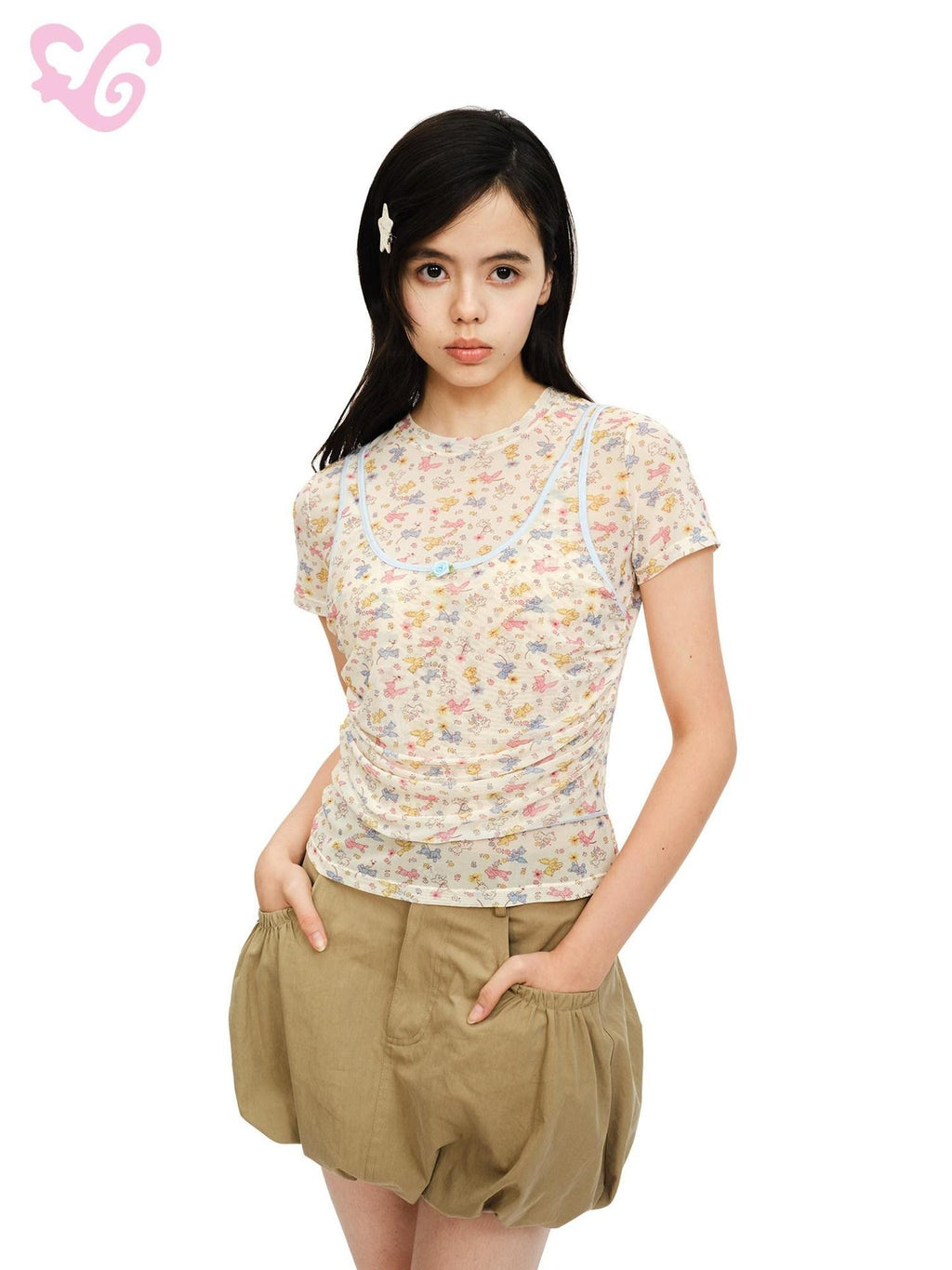 MOF Beige Rose Floral Printed Faux Two Piece Women's Mesh Short Sleeve T-shirts
