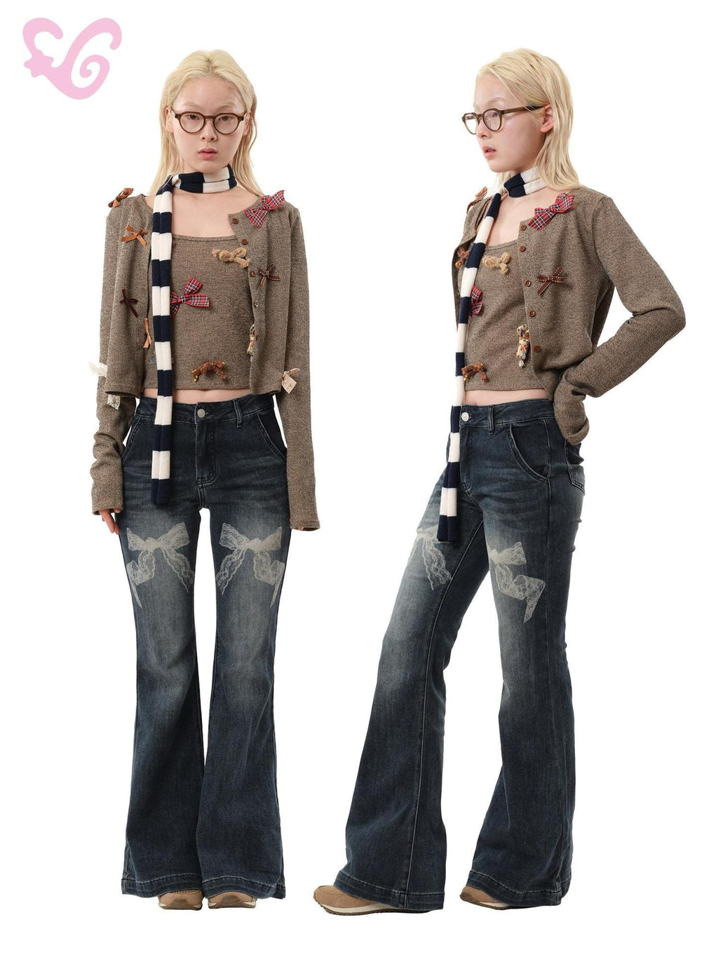 MOF Black Bow Print Low Rise Slight Stretch Pockets Women's Cotton Bootcut Jeans