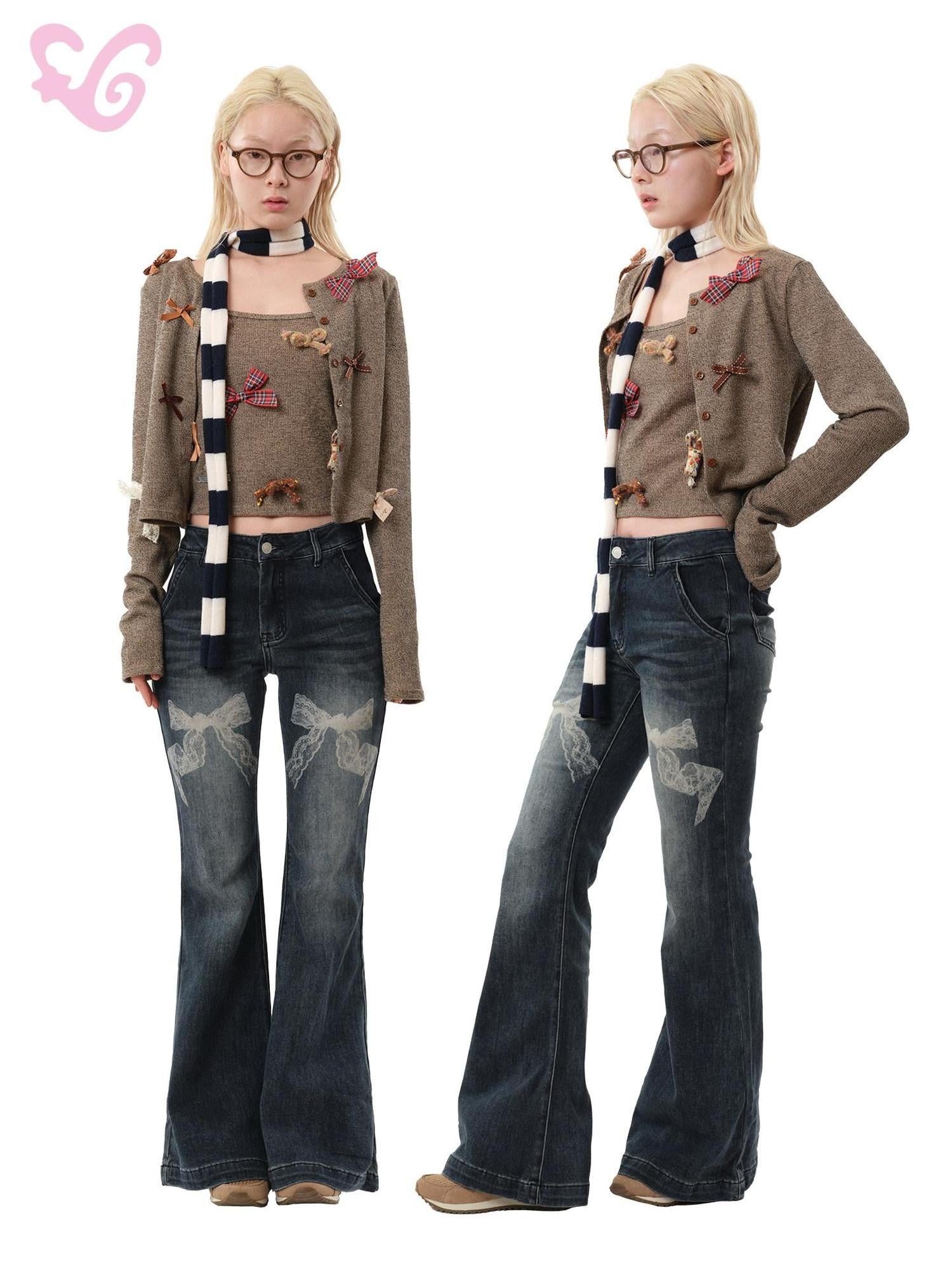 MOF Black Bow Print Low Rise Slight Stretch Pockets Women's Cotton Bootcut Jeans