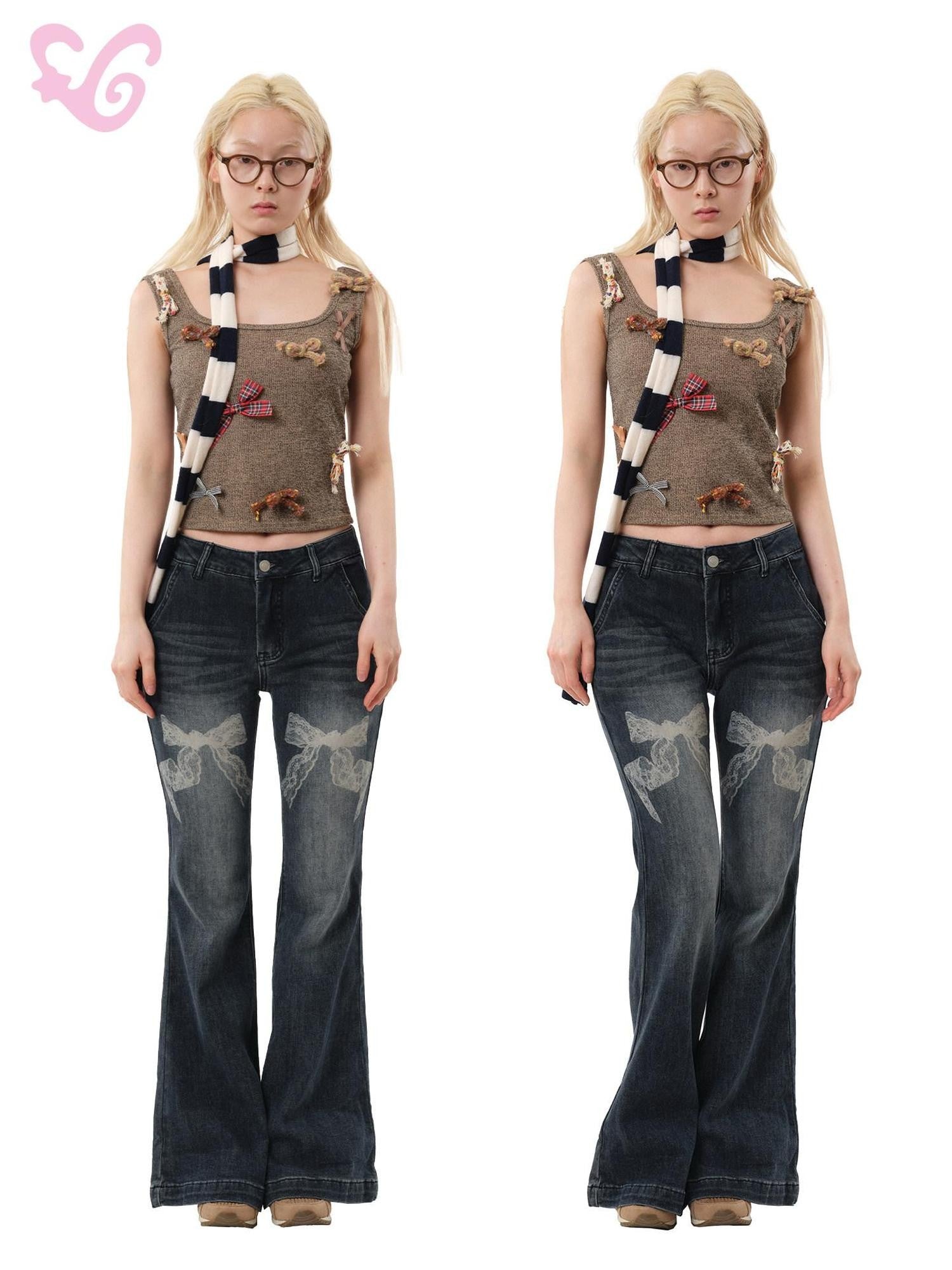 MOF Black Bow Print Washed Distressed Vintage High Waist Women's Spandex Flare Jeans