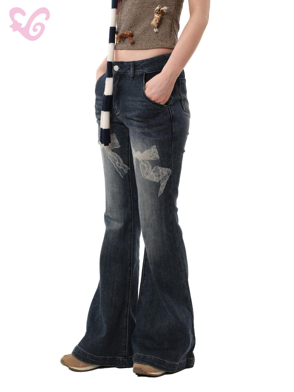 MOF Black Bow Print Washed Distressed Vintage High Waist Women's Spandex Flare Jeans