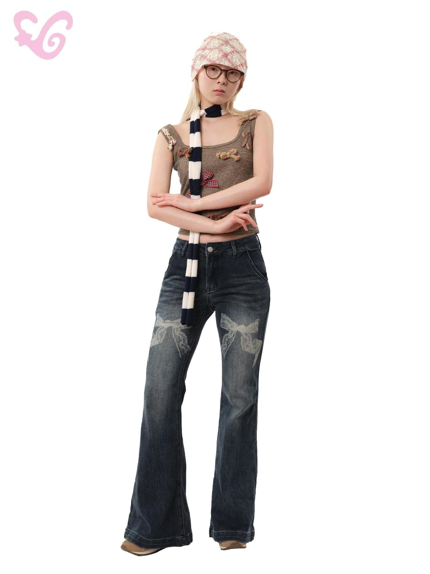 MOF Black Bow Print Washed Distressed Vintage High Waist Women's Spandex Flare Jeans