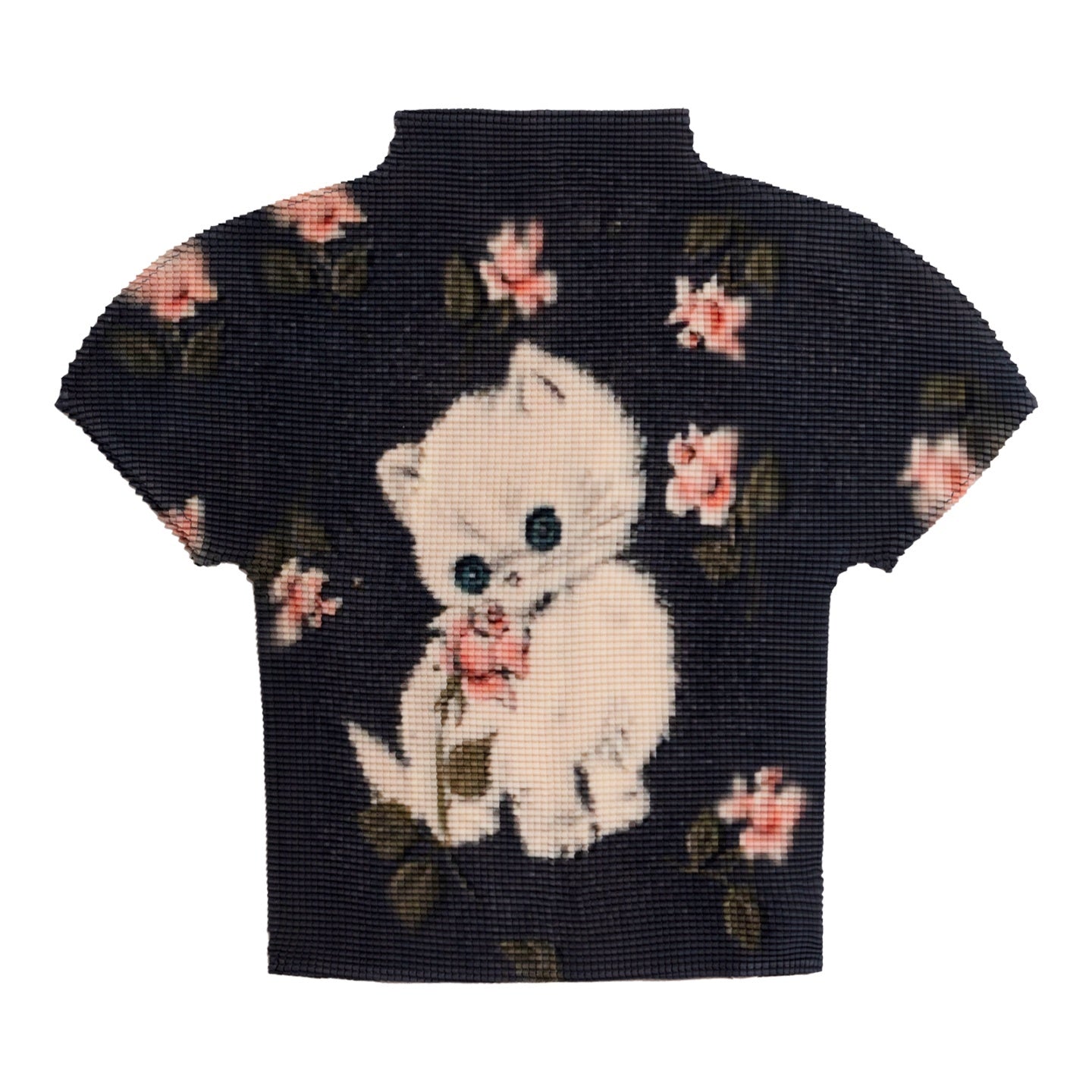 MOF_Black_Floral_Cat_Pleated_Print_Slim_High_Neck_Women's_Polyester_Baby_Tees_1042300496454_MISSTT