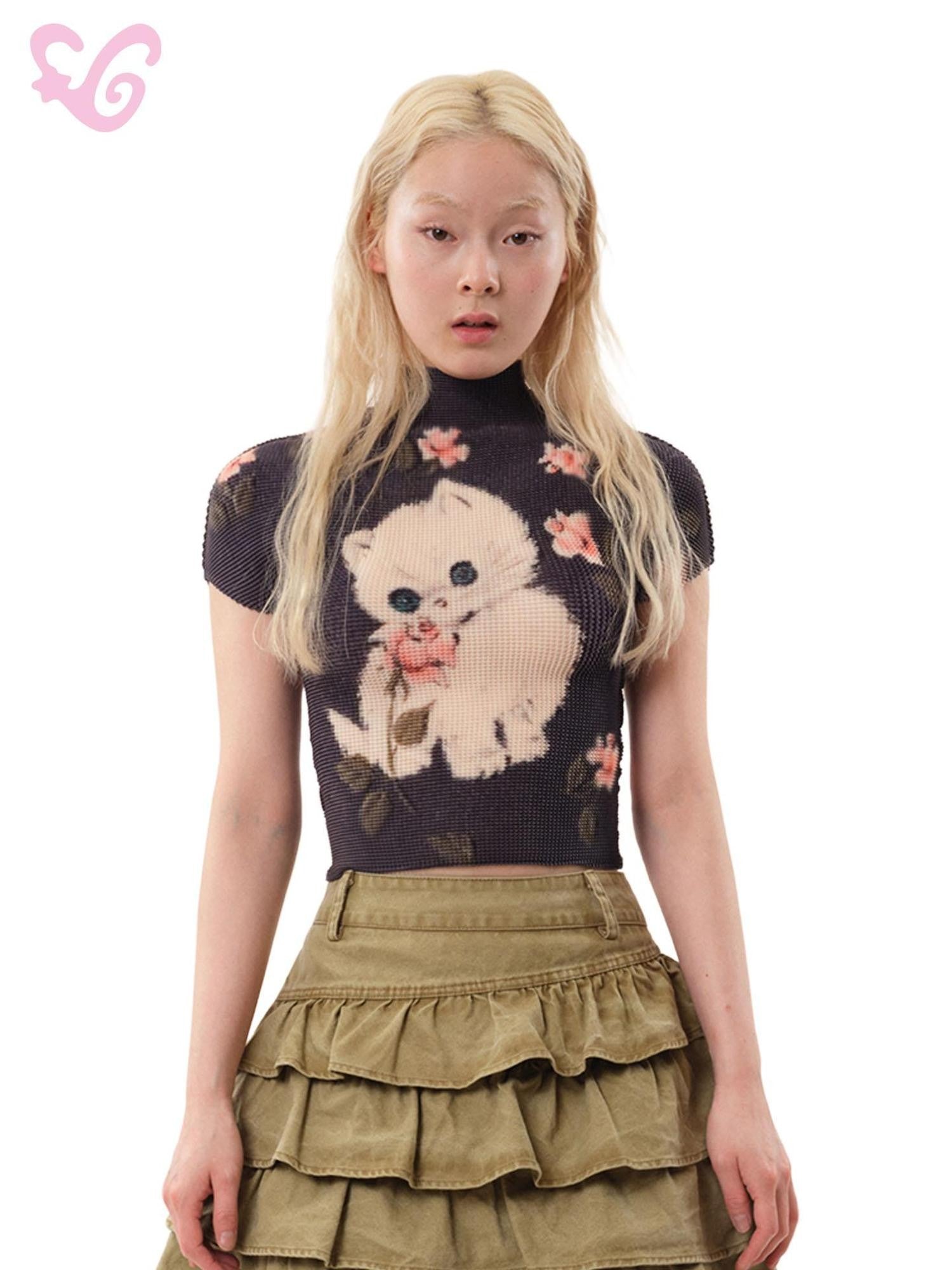 MOF Black Floral Cat Pleated Print Slim High Neck Women's Polyester Baby Tees