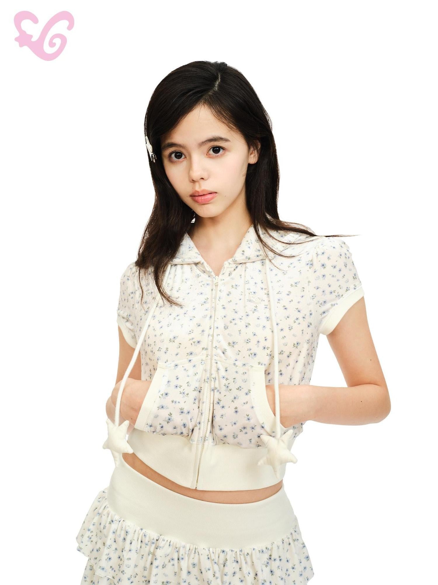 MOF Blue Floral Hooded Printed Short Sleeve Women's Velvet Matching Skirt Sets