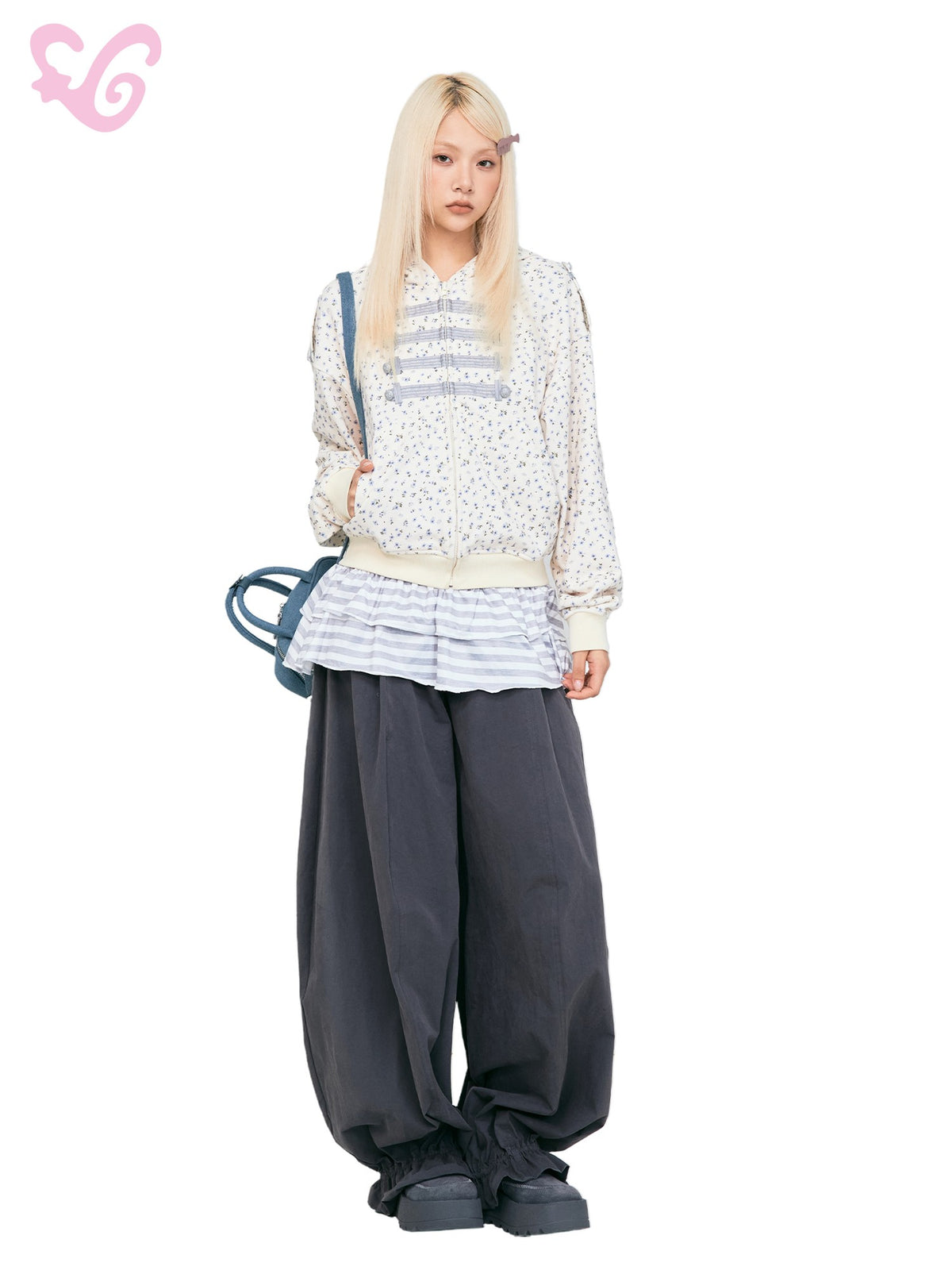 MOF Blue Floral Print Patchwork Batwing Women's Cotton Zip-up Hoodies