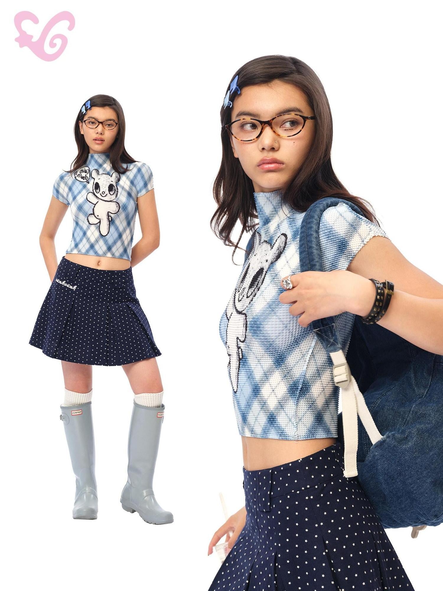 MOF Blue Gingham Bear Pleated Women's Polyester Crop Tops