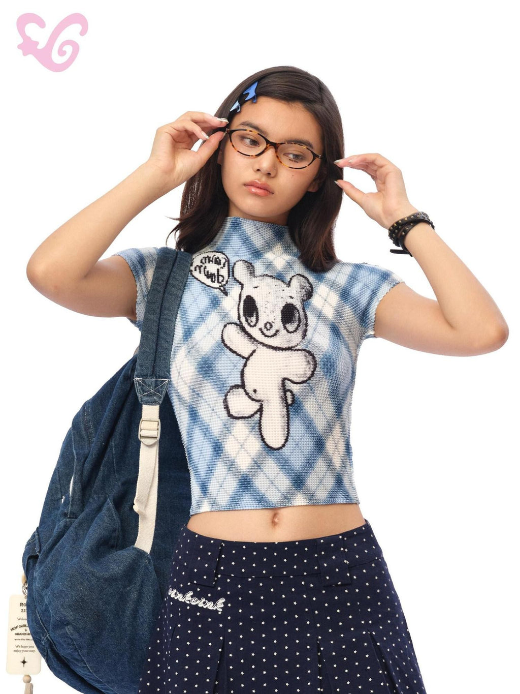 MOF Blue Gingham Bear Pleated Women's Polyester Crop Tops