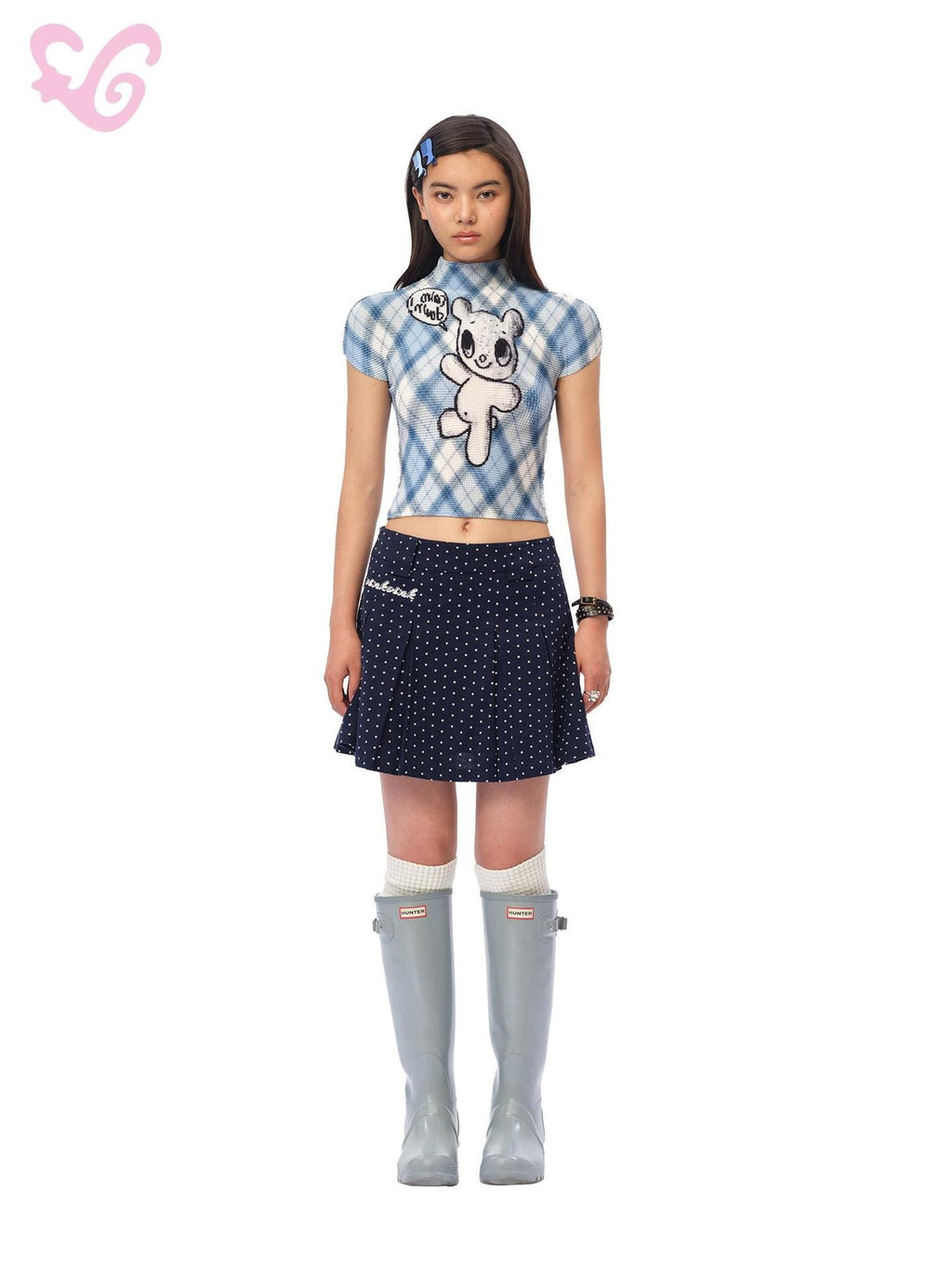 MOF Blue Gingham Bear Pleated Women's Polyester Crop Tops