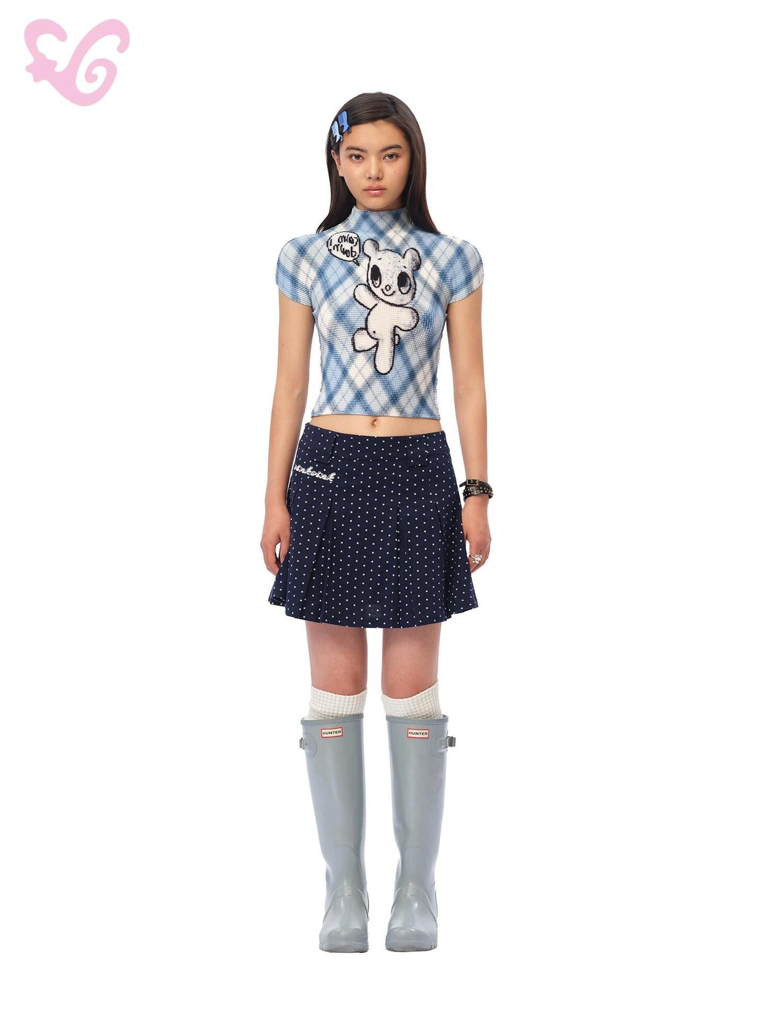 MOF Blue Gingham Bear Pleated Women's Polyester Crop Tops