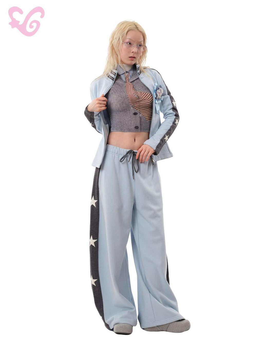 MOF Blue Grey Star Contrast Stand Collar Zip Women's Cotton Tracksuit Sets