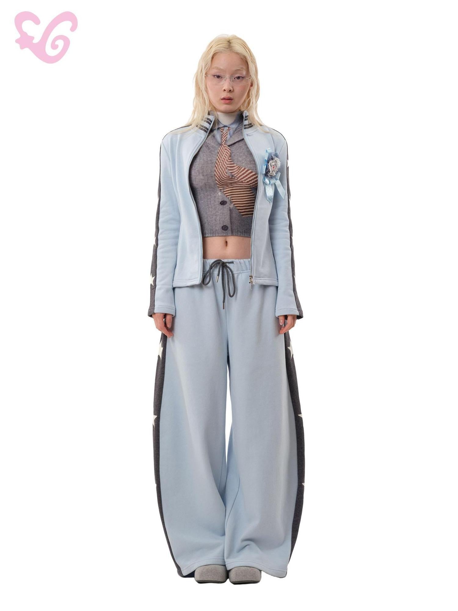 MOF Blue Grey Star Contrast Stand Collar Zip Women's Cotton Tracksuit Sets