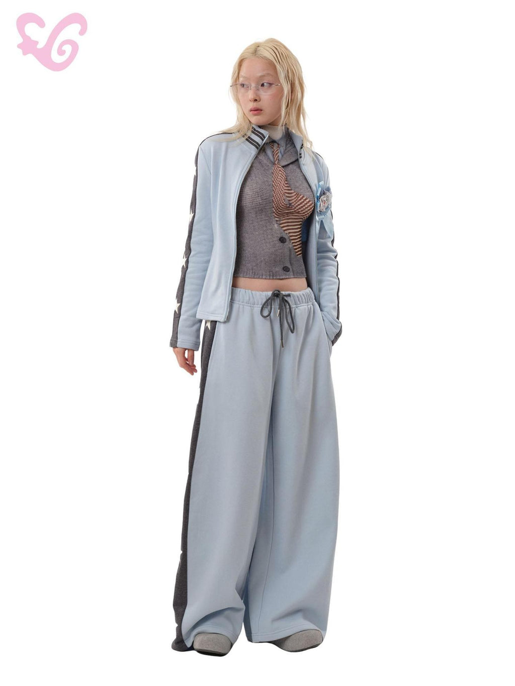 MOF Blue Grey Star Contrast Stand Collar Zip Women's Cotton Tracksuit Sets