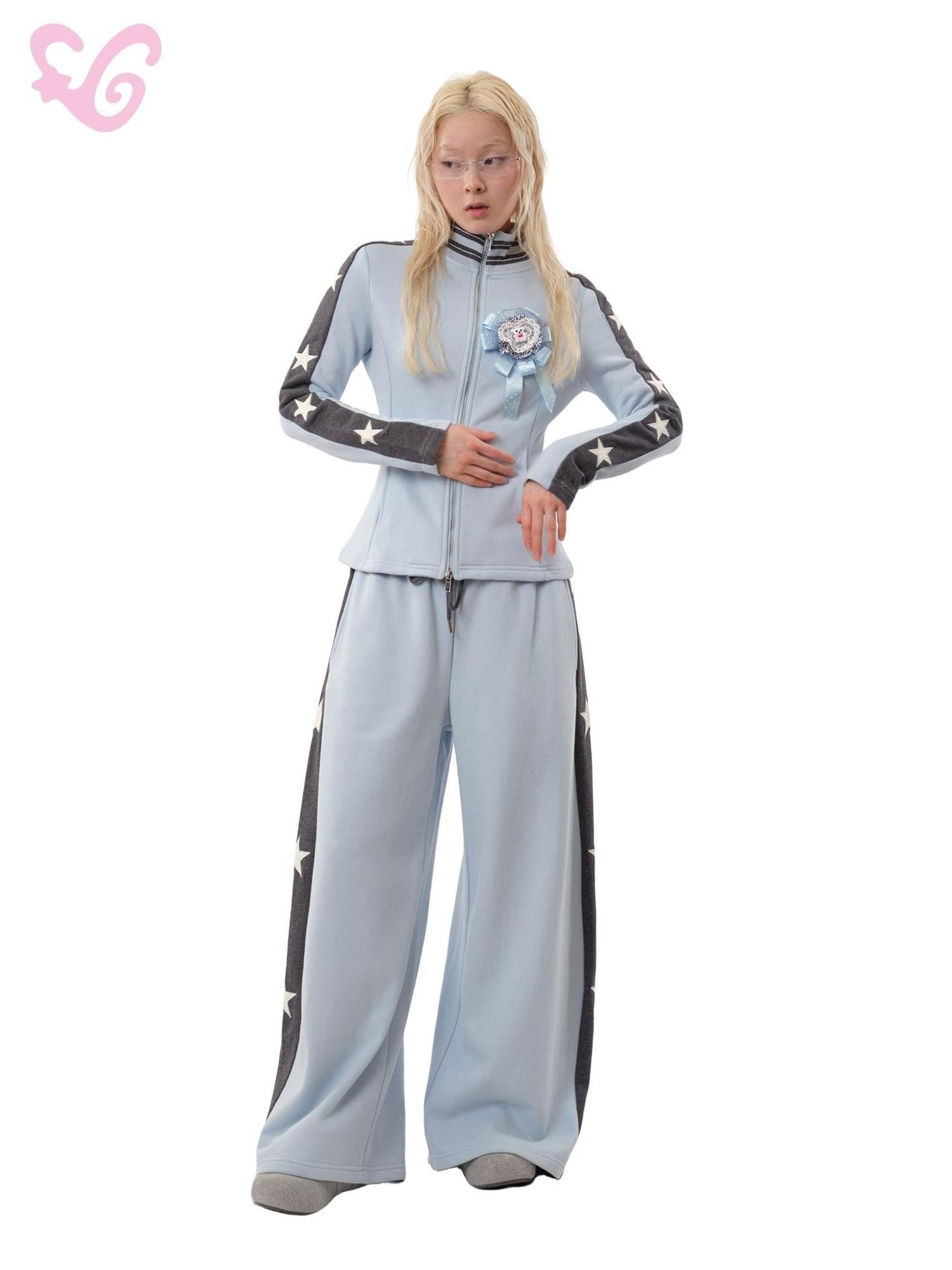 MOF Blue Grey Star Contrast Stand Collar Zip Women's Cotton Tracksuit Sets