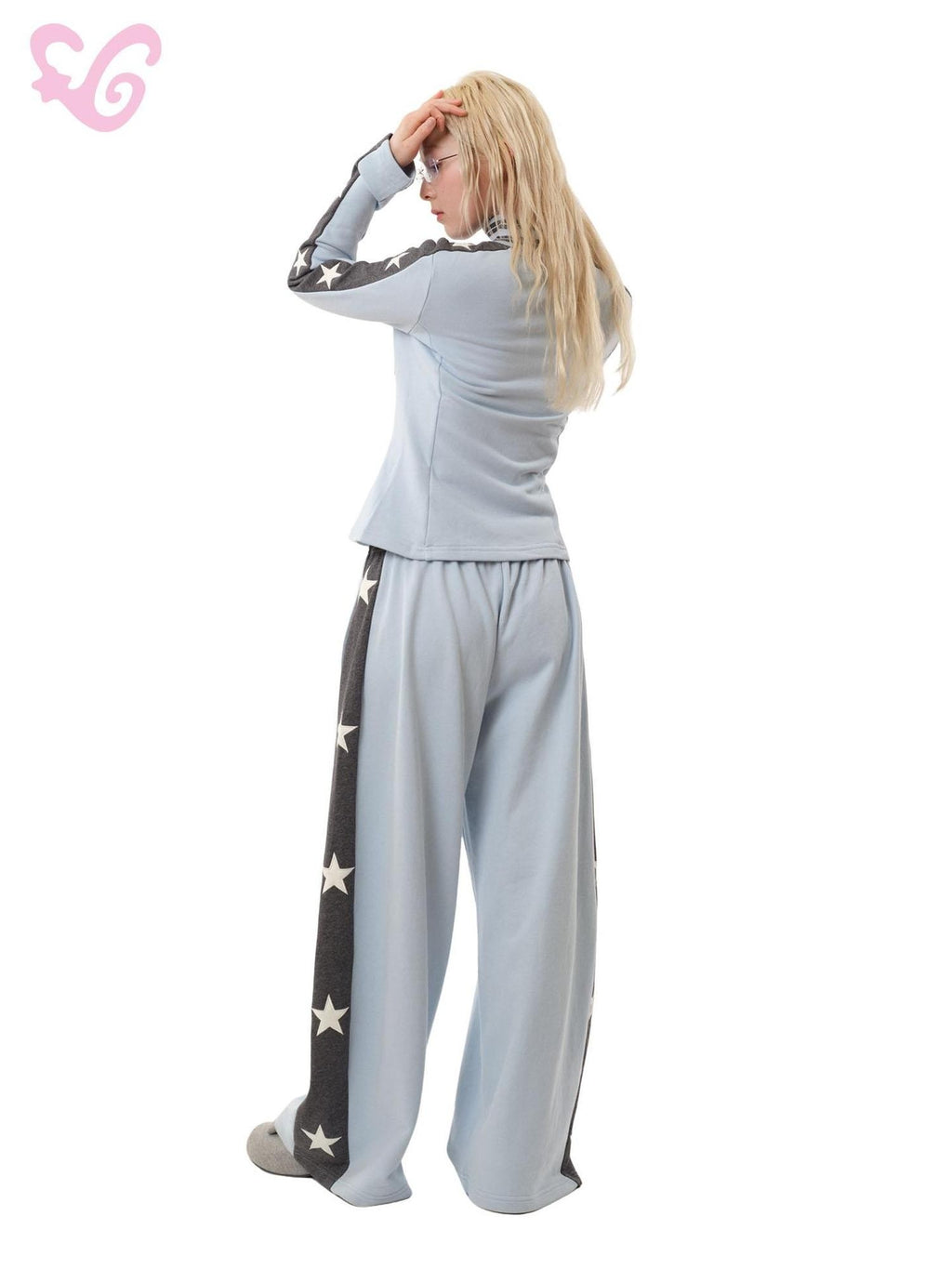 MOF Blue Grey Star Contrast Stand Collar Zip Women's Cotton Tracksuit Sets