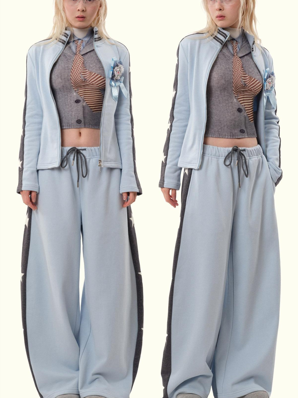MOF Blue Grey Star Contrast Stand Collar Zip Women's Cotton Tracksuit Sets