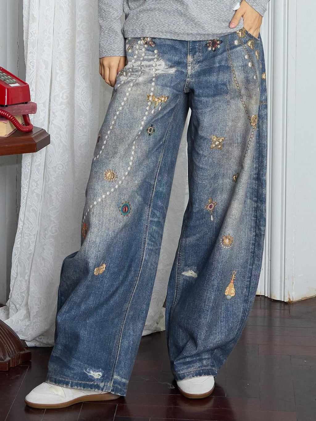 MOF Blue Loose 3d Gem Brooch Curved Blade Print Women's Denim Barrel-leg Jeans