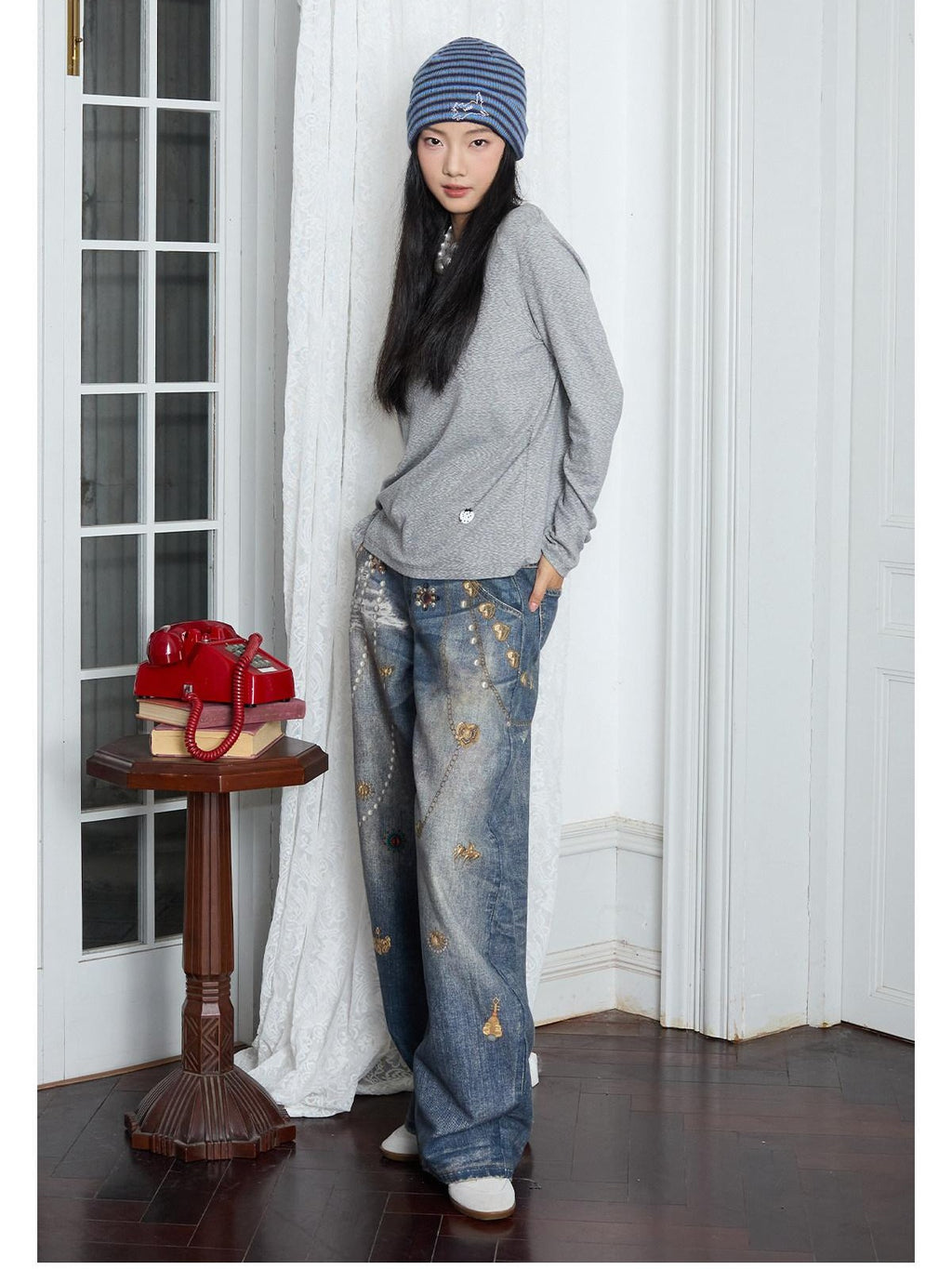 MOF Blue Loose 3d Gem Brooch Curved Blade Print Women's Denim Barrel-leg Jeans
