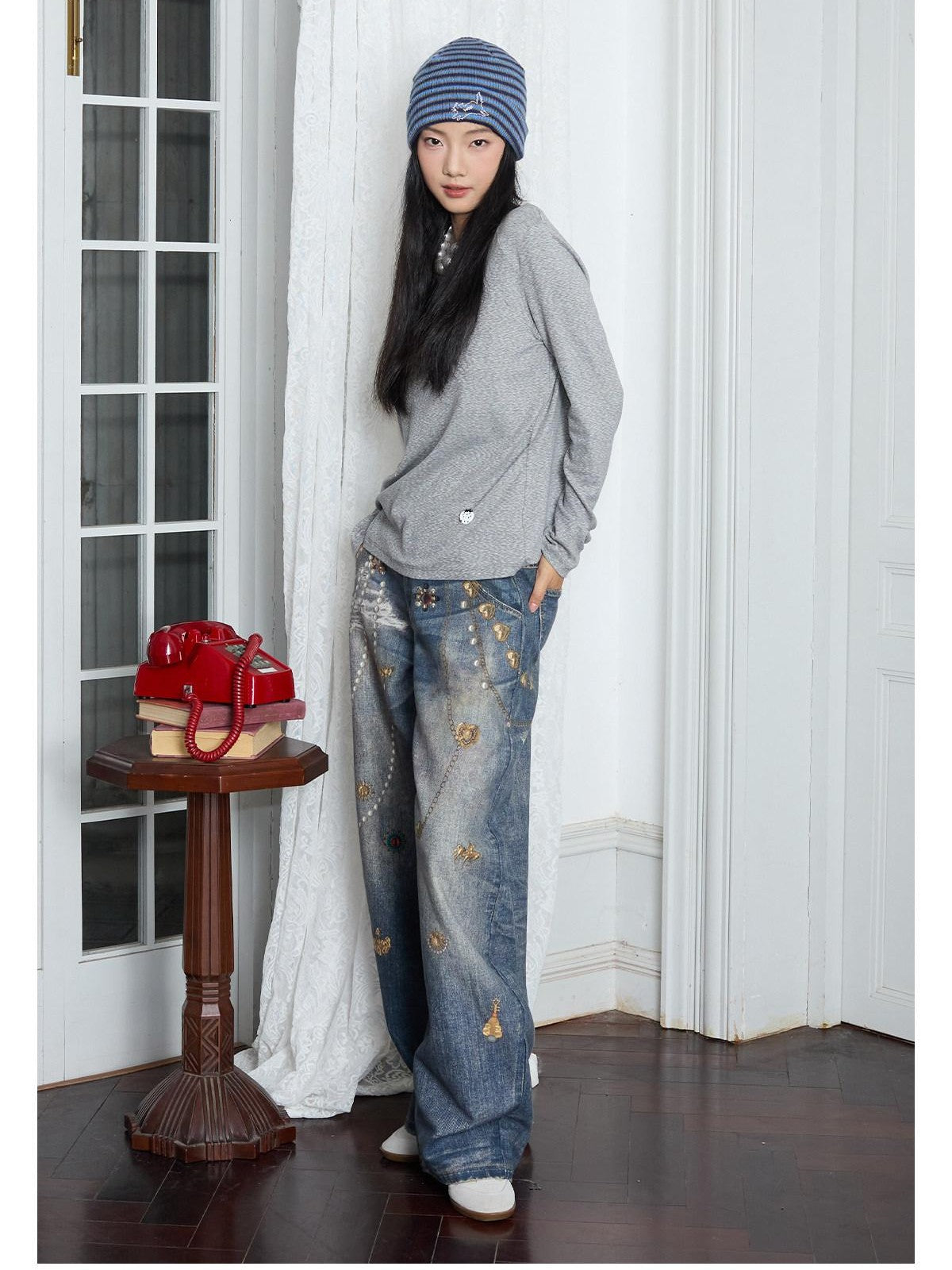 MOF Blue Loose 3d Gem Brooch Curved Blade Print Women's Denim Barrel-leg Jeans