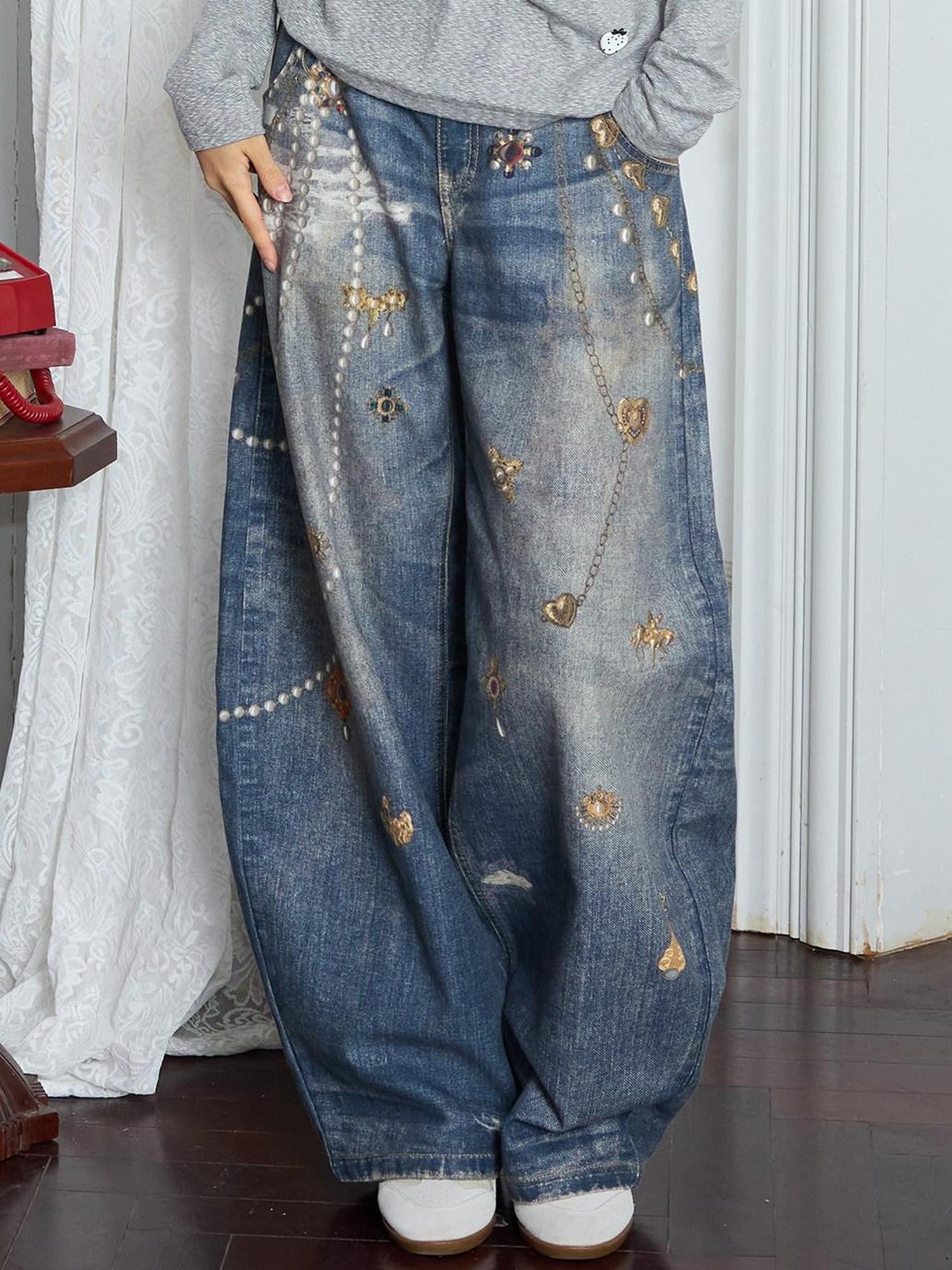 MOF Blue Loose 3d Gem Brooch Curved Blade Print Women's Denim Barrel-leg Jeans