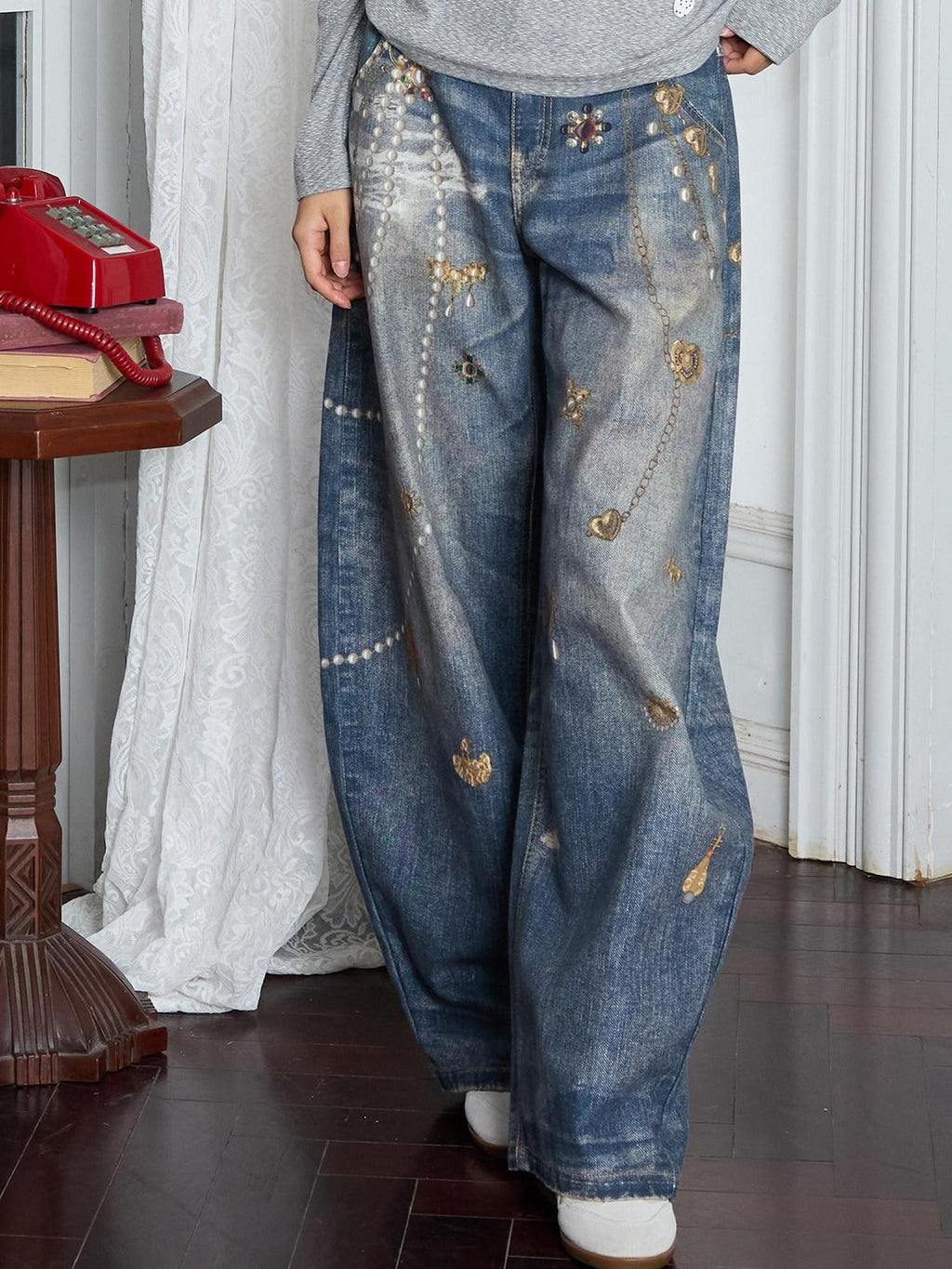 MOF Blue Loose 3d Gem Brooch Curved Blade Print Women's Denim Barrel-leg Jeans