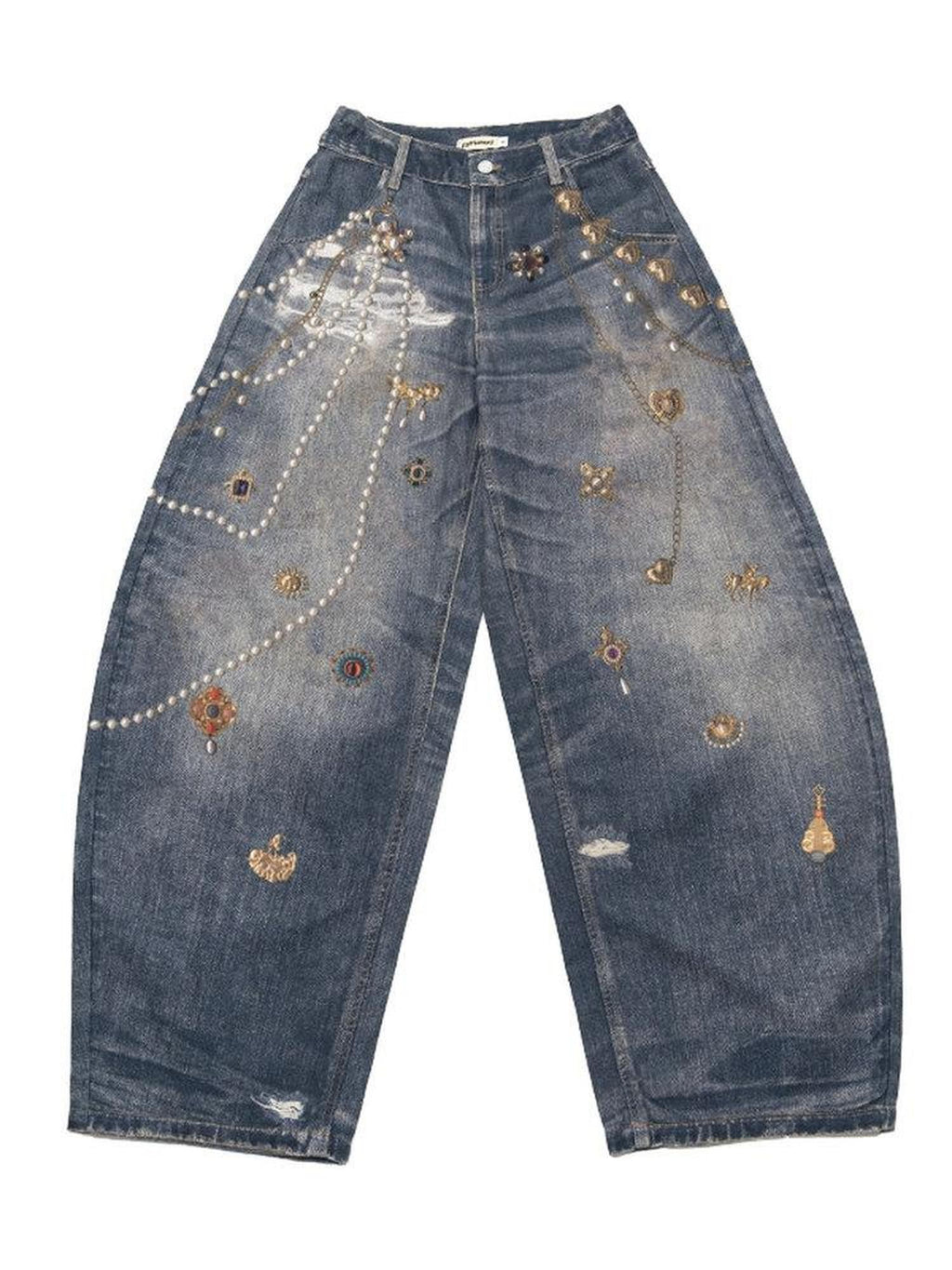 MOF Blue Loose 3d Gem Brooch Curved Blade Print Women's Denim Barrel-leg Jeans