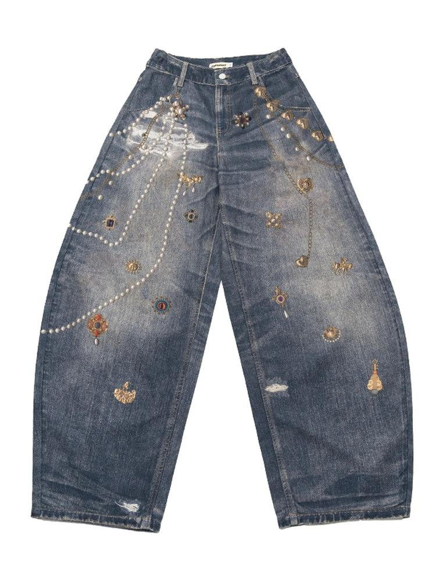 MOF Blue Loose 3d Gem Brooch Curved Blade Print Women's Denim Barrel-leg Jeans