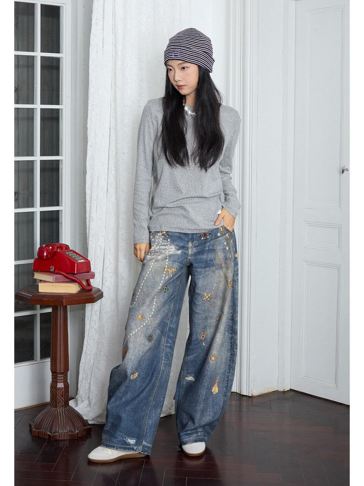 MOF Blue Loose 3d Gem Brooch Curved Blade Print Women's Denim Barrel-leg Jeans