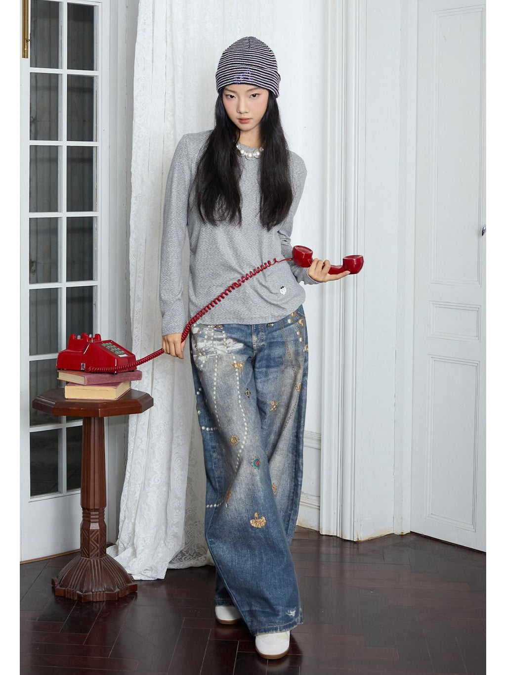 MOF Blue Loose 3d Gem Brooch Curved Blade Print Women's Denim Barrel-leg Jeans